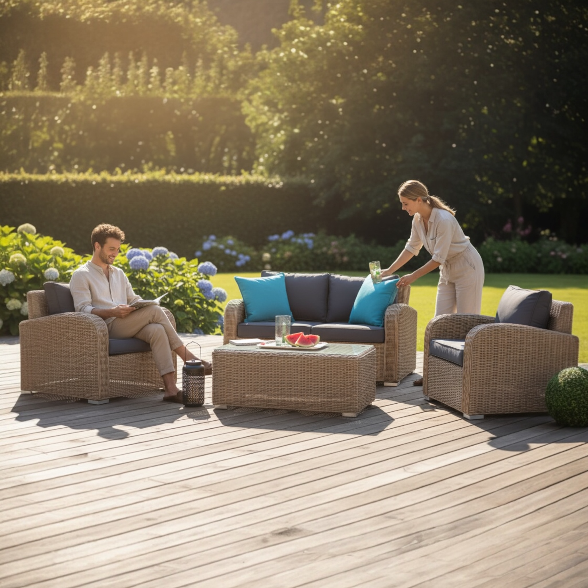 Salon de jardin cosy en résine tressée ronde couleur beige avec structure aluminium inoxydable, coussins bleu pétrole décoratif.