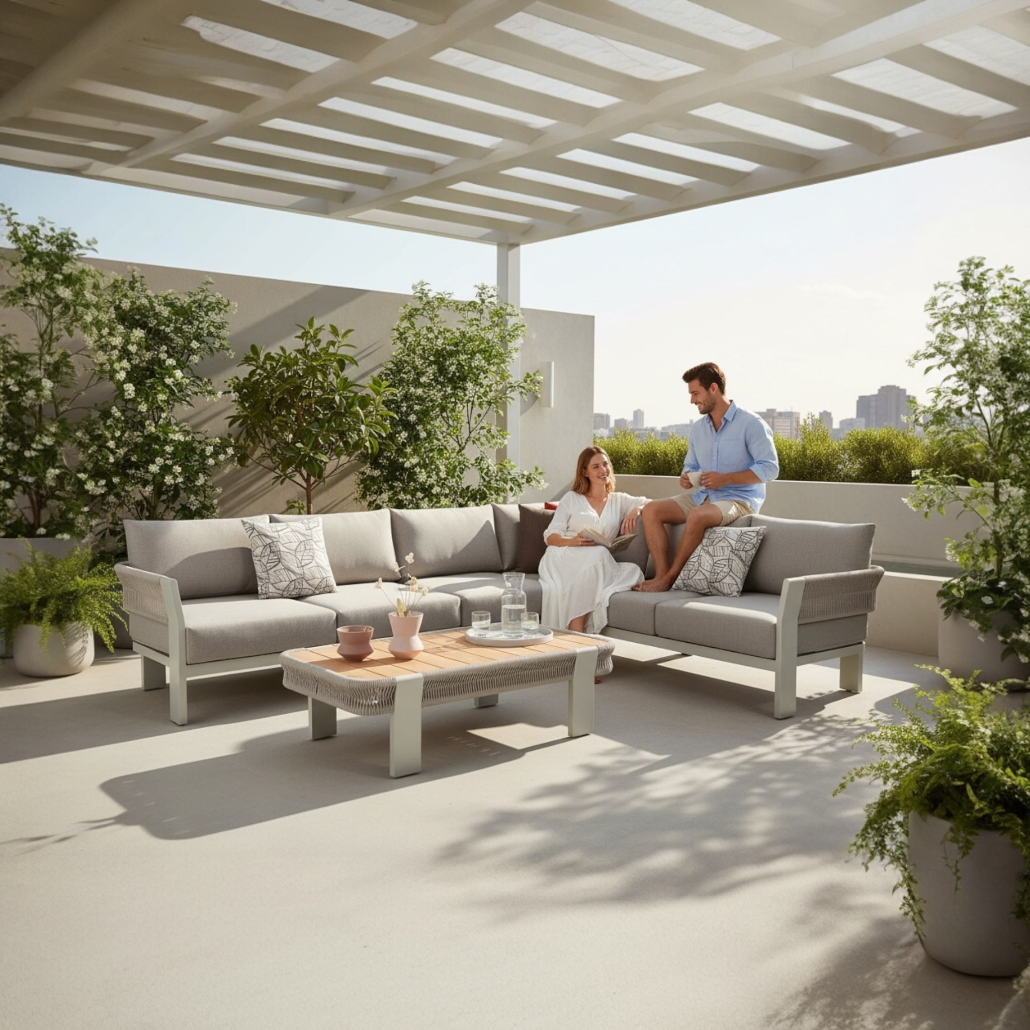 Canapé d'angle extérieur moderne en aluminium beige avec corde tressée, assises avec coussins déhoussables et déperlants.  