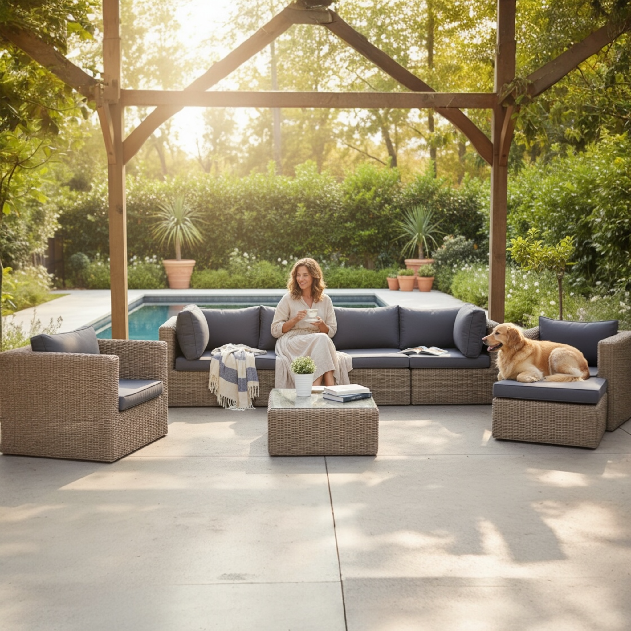 Salon de jardin modulable en résine tressée ronde couleur osier, coussins déhoussables déperlants gris bleuté, design.