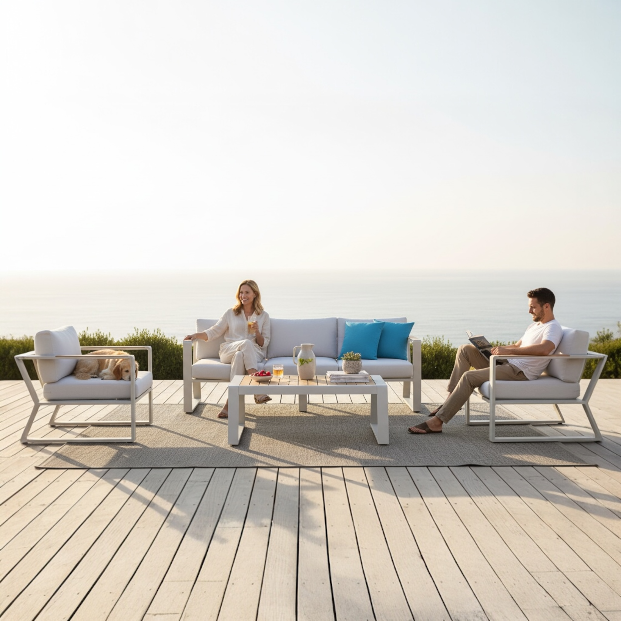 Salon de jardin EXY en aluminium gris et teck, ensemble complet