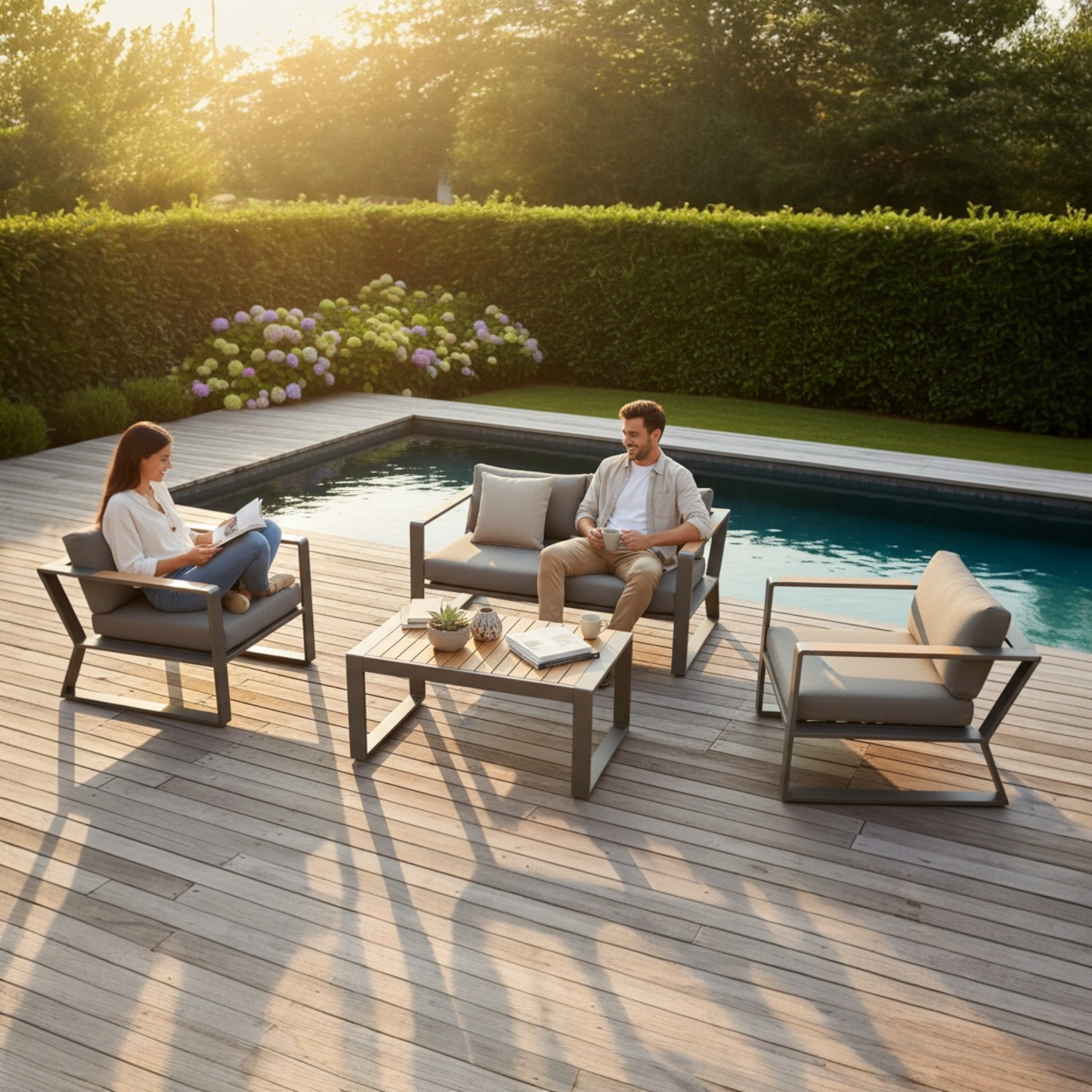 Salon de jardin EXY MINI en aluminium noir et teck, ensemble complet 4 places