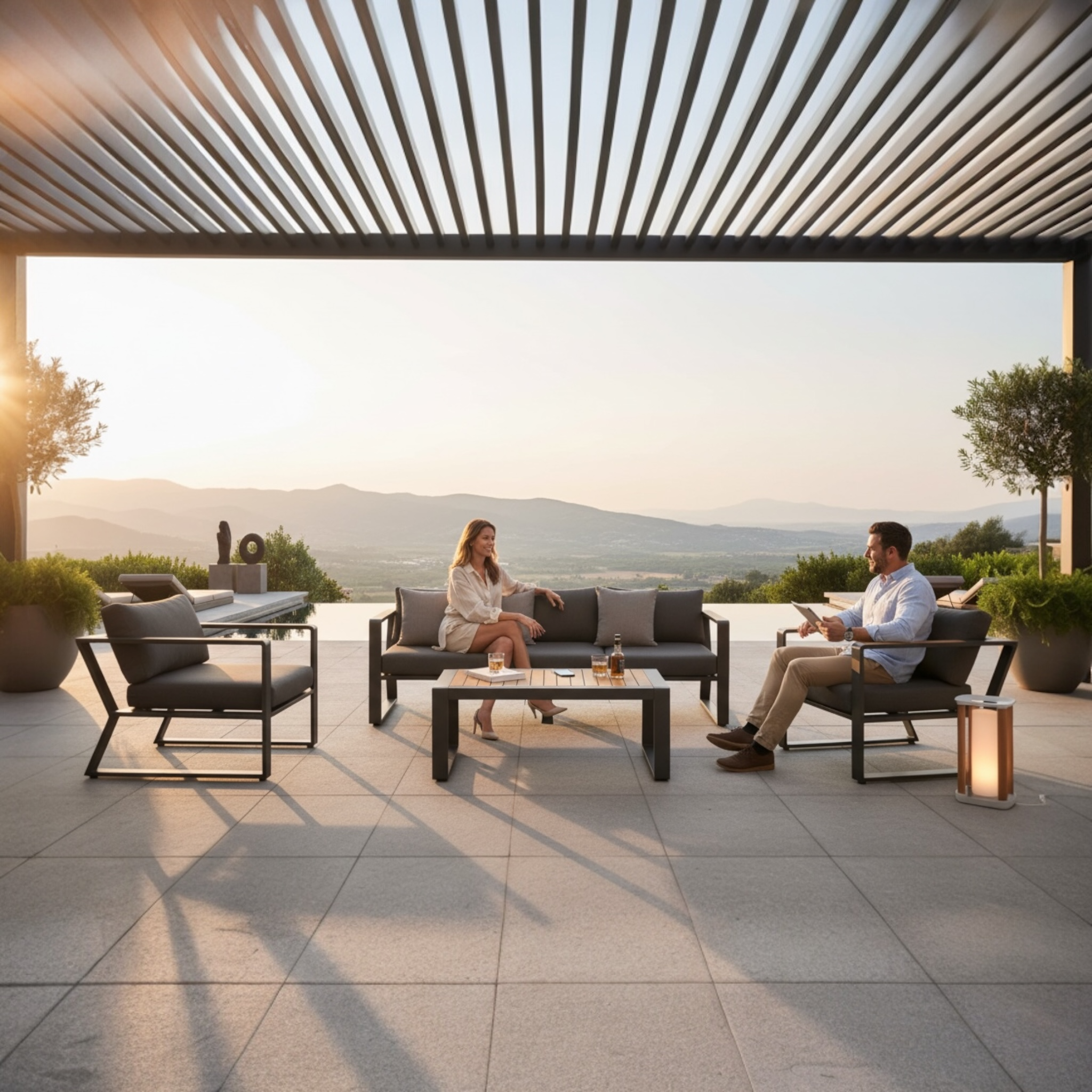 Salon de jardin EXY en aluminium noir et teck, ensemble complet moderne