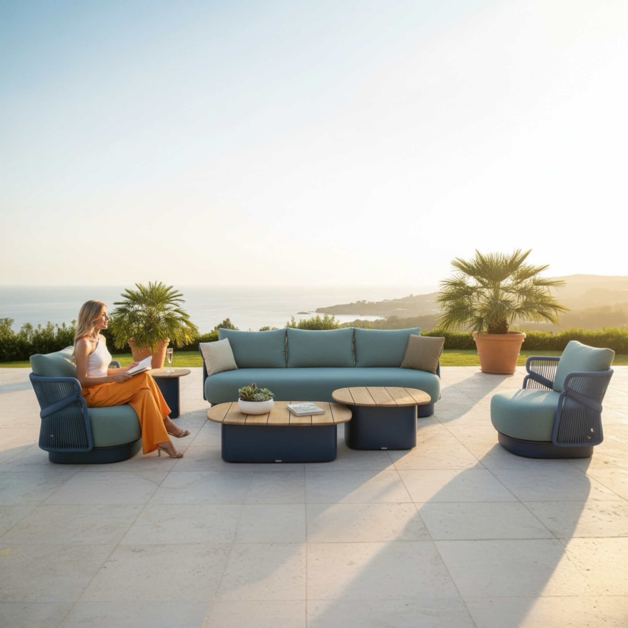 Mobilier de jardin de luxe 5 places en aluminium et en teck