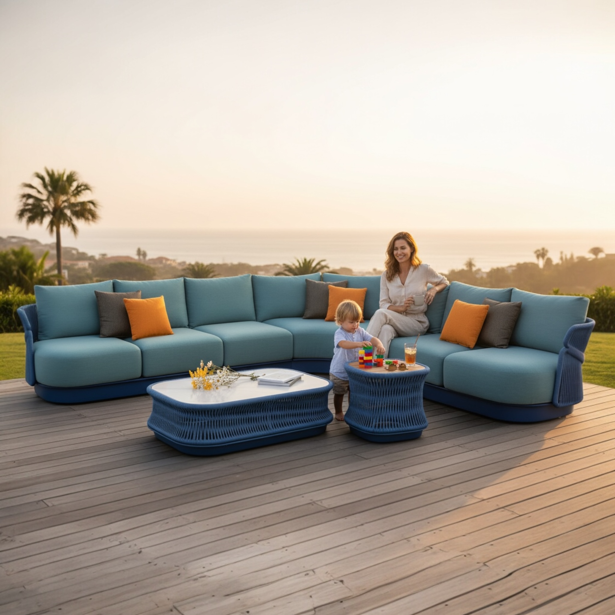 Canapé d'angle de jardin de luxe en aluminium et corde tressée 