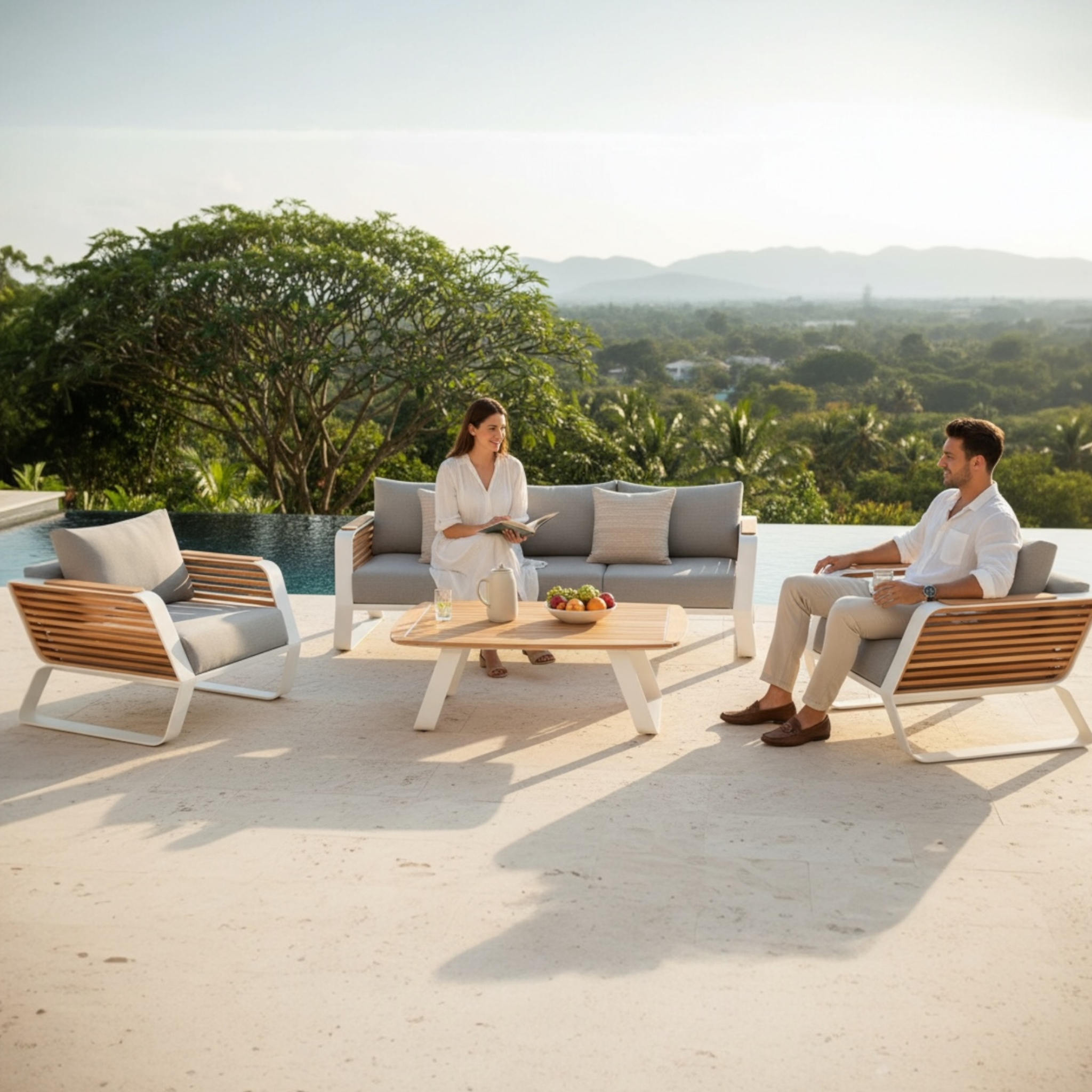 Ensemble AILY BIS en aluminium blanc et teck naturel avec coussins gris. 