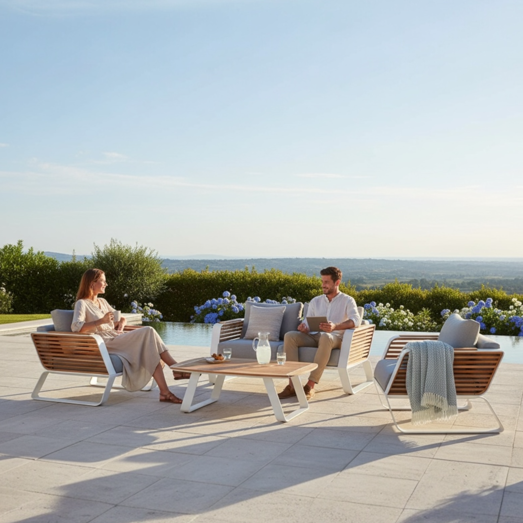 Ensemble AILY MINI en aluminium blanc et teck, vue d’ensemble avec coussins gris