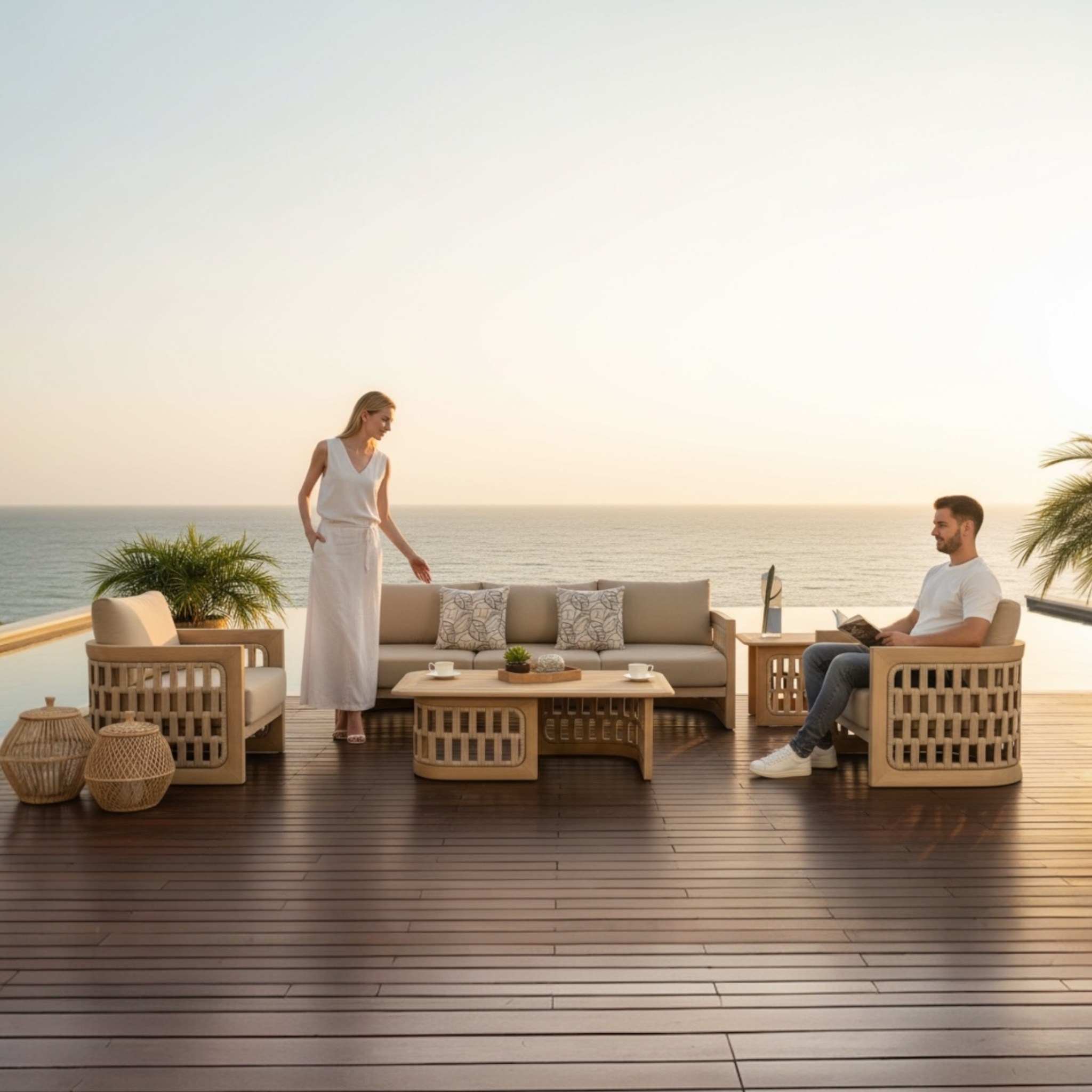 Salon de jardin PALMA en teck massif et corde tressée, installation extérieure