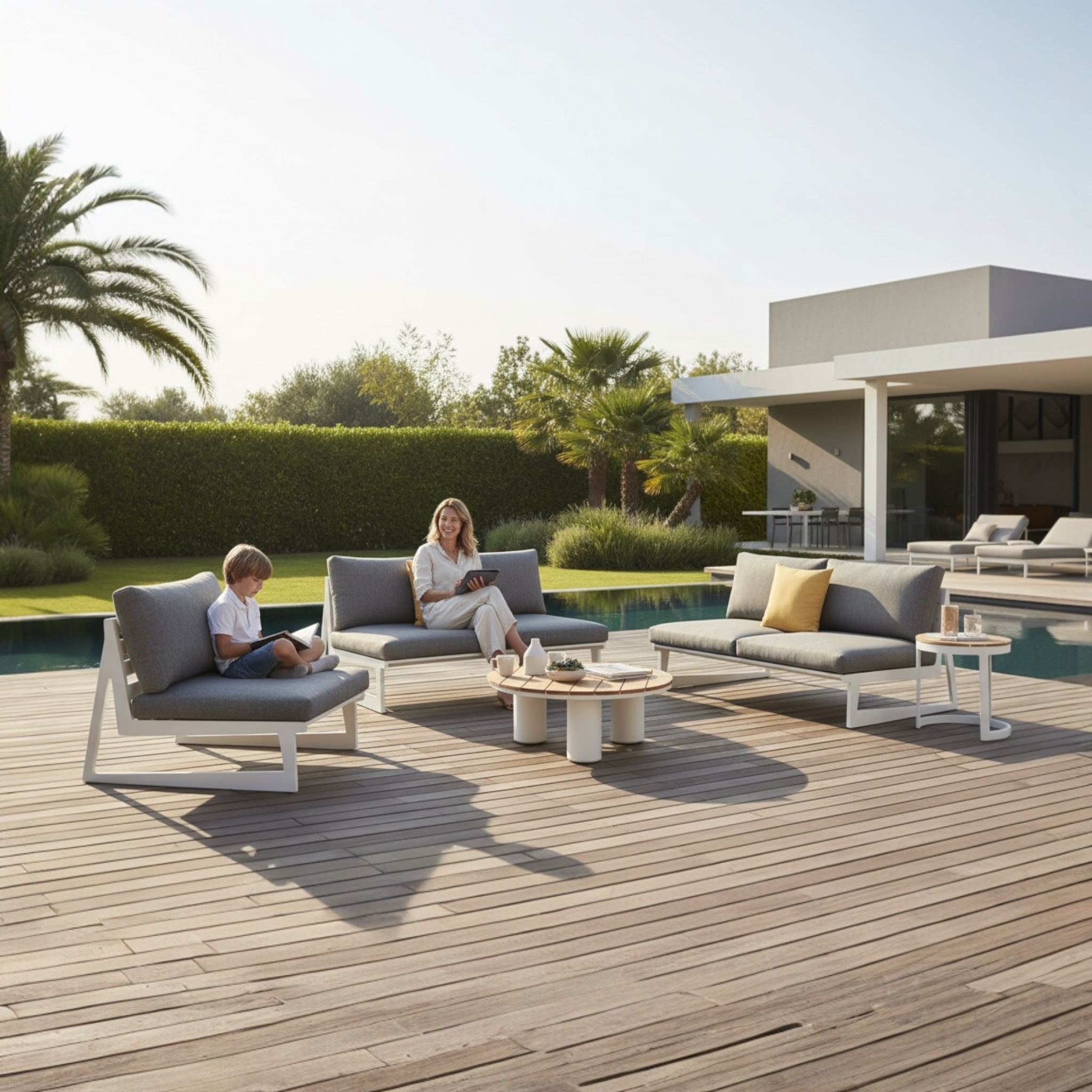 Salon de jardin d’angle LEO en aluminium blanc avec coussins gris