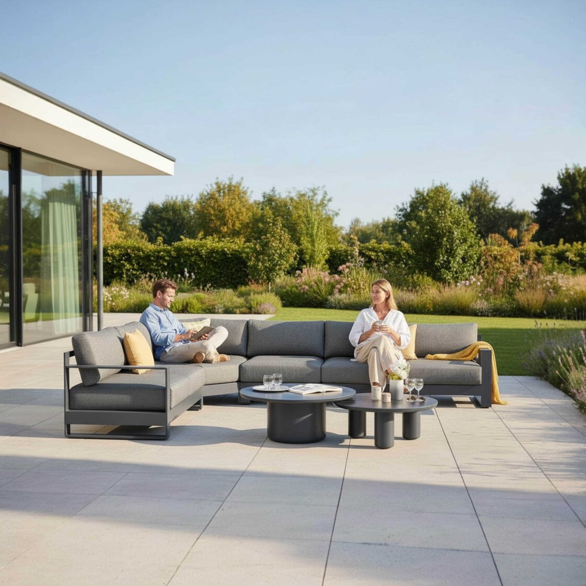 Salon de jardin modulable en aluminium haut de gamme noir avec coussins en tissu oléfine Sunproof beige, design premium. 