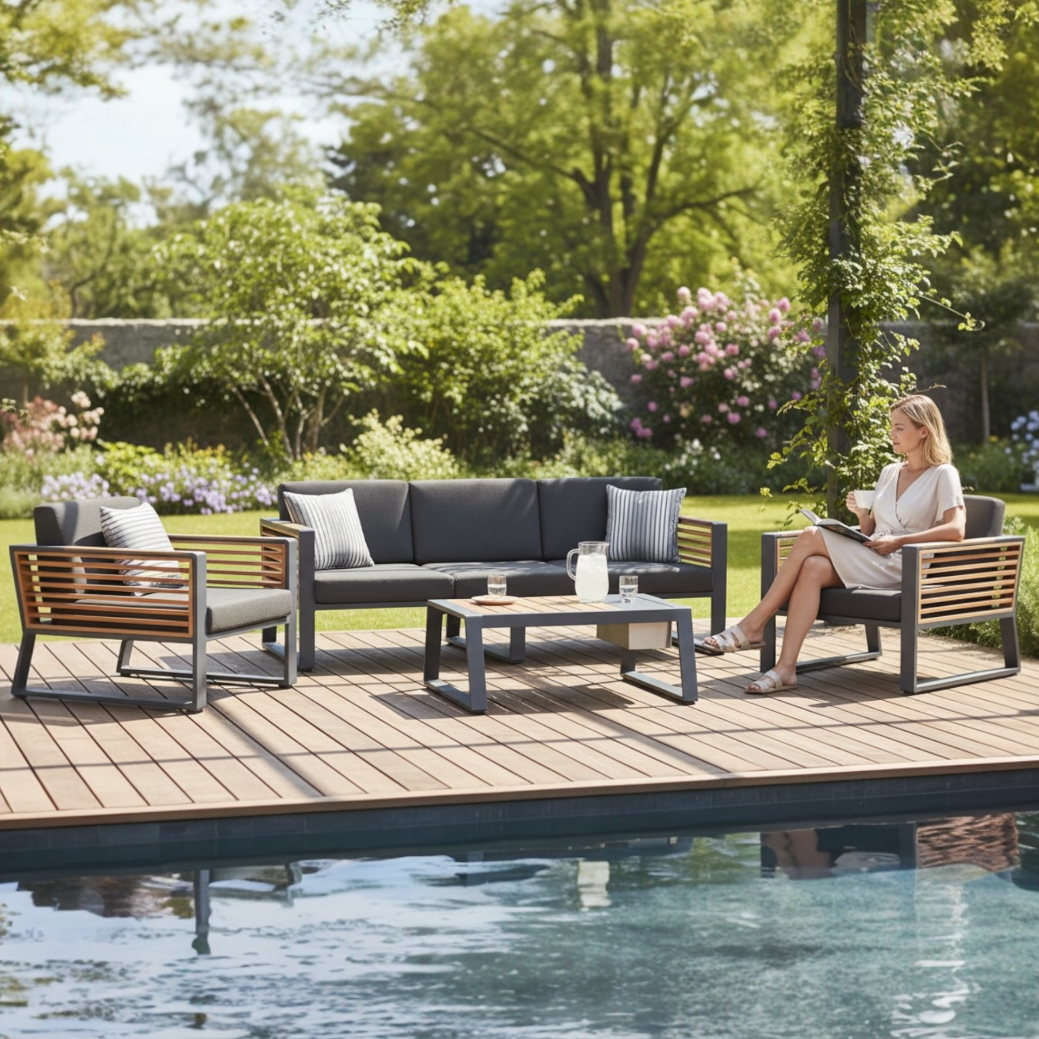 Salon de jardin COFY BIS en aluminium noir et teck, ensemble 5 places