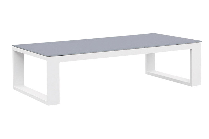 Table basse modulable en aluminium blanc haut de gamme avec plateau gris, design épuré et durable pour jardin extérieur luxe.