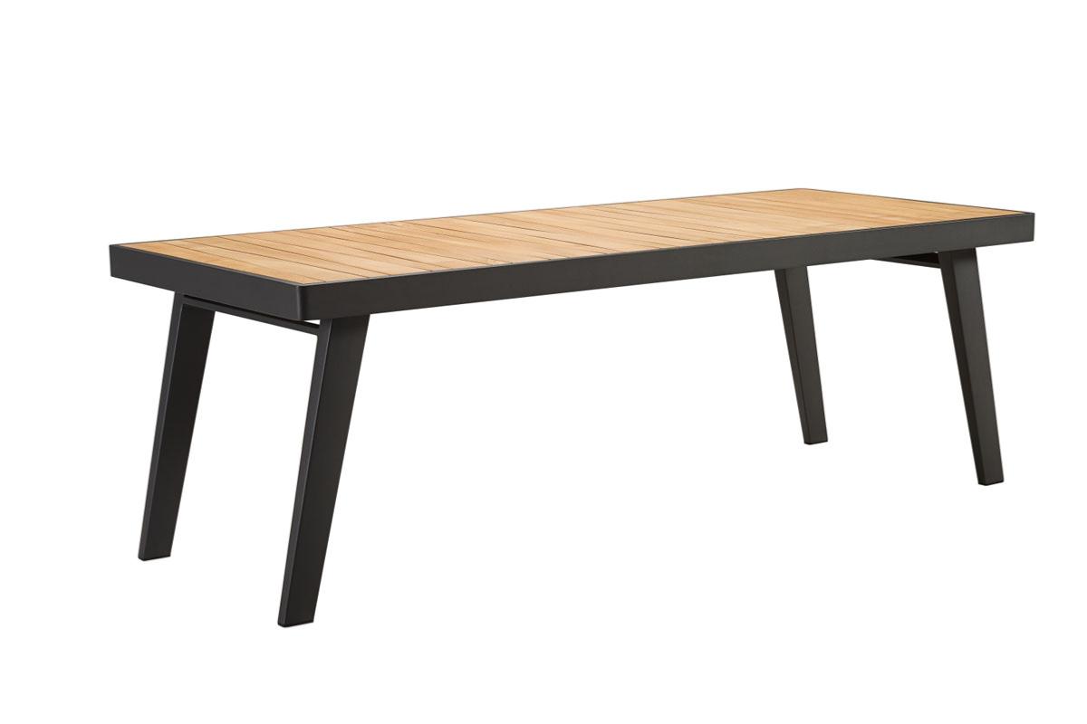 Table rectangulaire en aluminium haut de gamme noir mat avec plateau en teck FSC naturel, design élégant et durable, style.