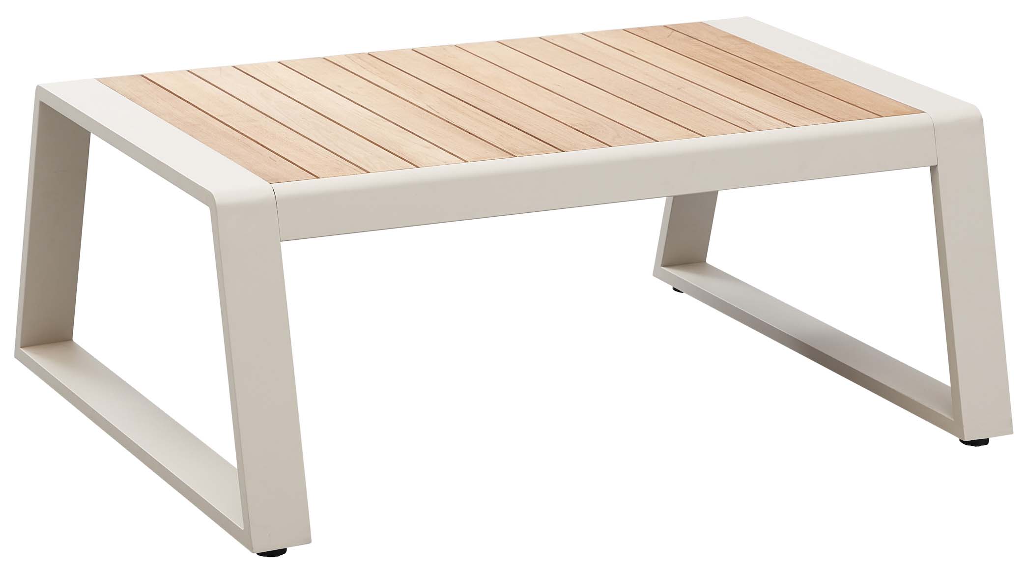Table basse élégante en aluminium haut de gamme peint à la peinture époxy, plateau en teck FSC clair, design innovant. 