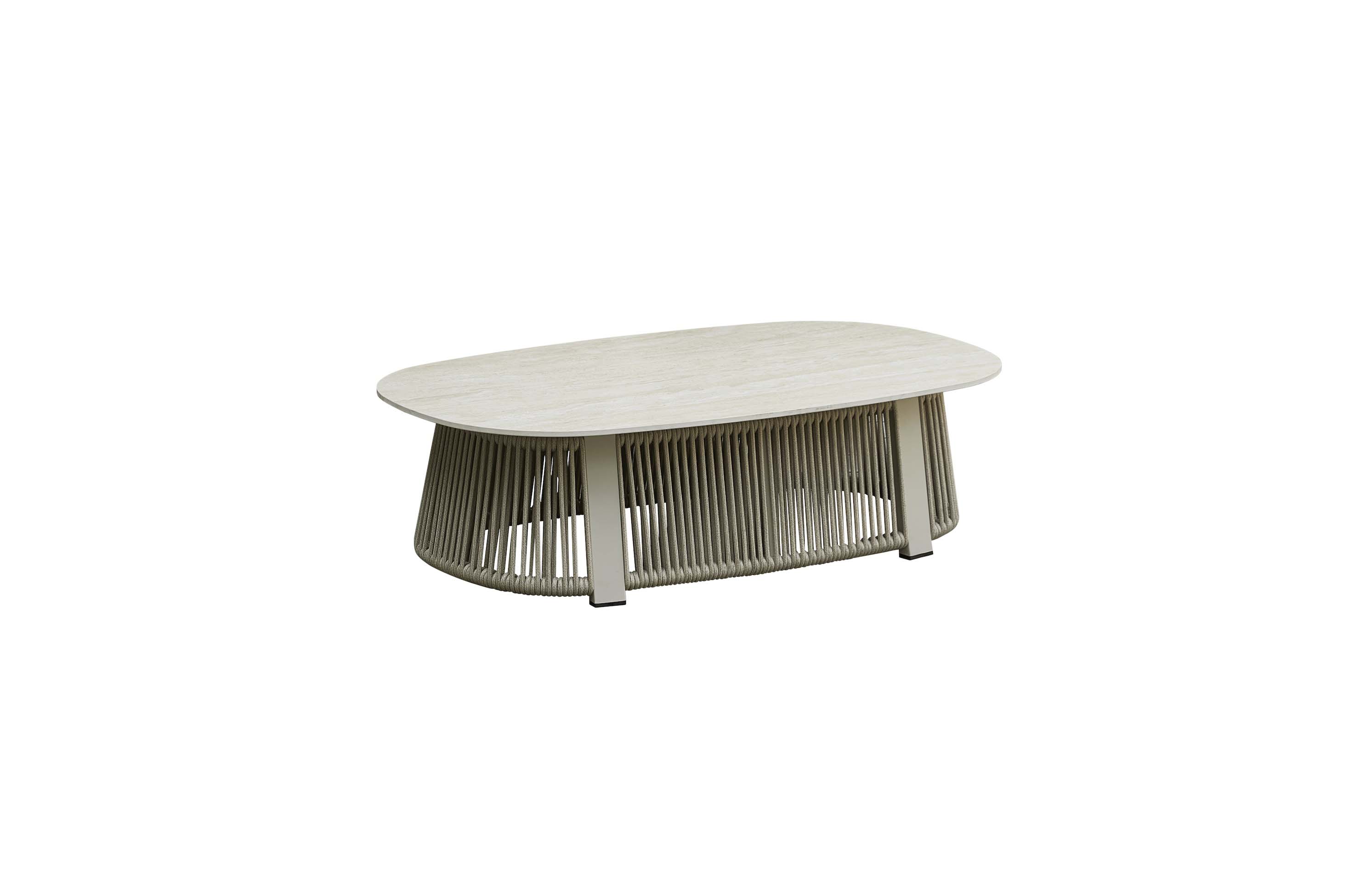 Table basse ovale en aluminium et corde beige, plateau en céramique, design italien élégant et durable, style luxe.