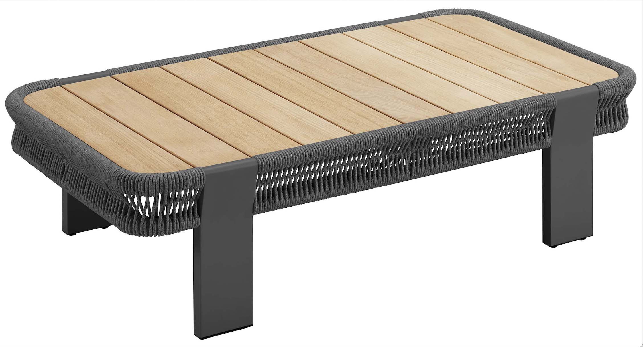 Table basse rectangulaire moderne en teck FSC avec cadre en aluminium noir et corde tressée déperlante pour extérieur.