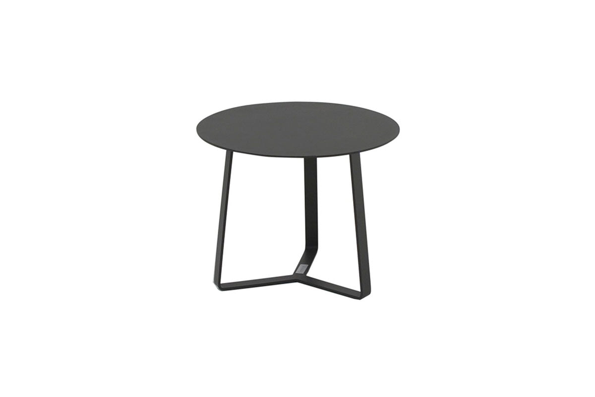 Table ronde de mobilier de balcon en aluminium inoxydable gris, design minimaliste avec structure aluminium et plateau.