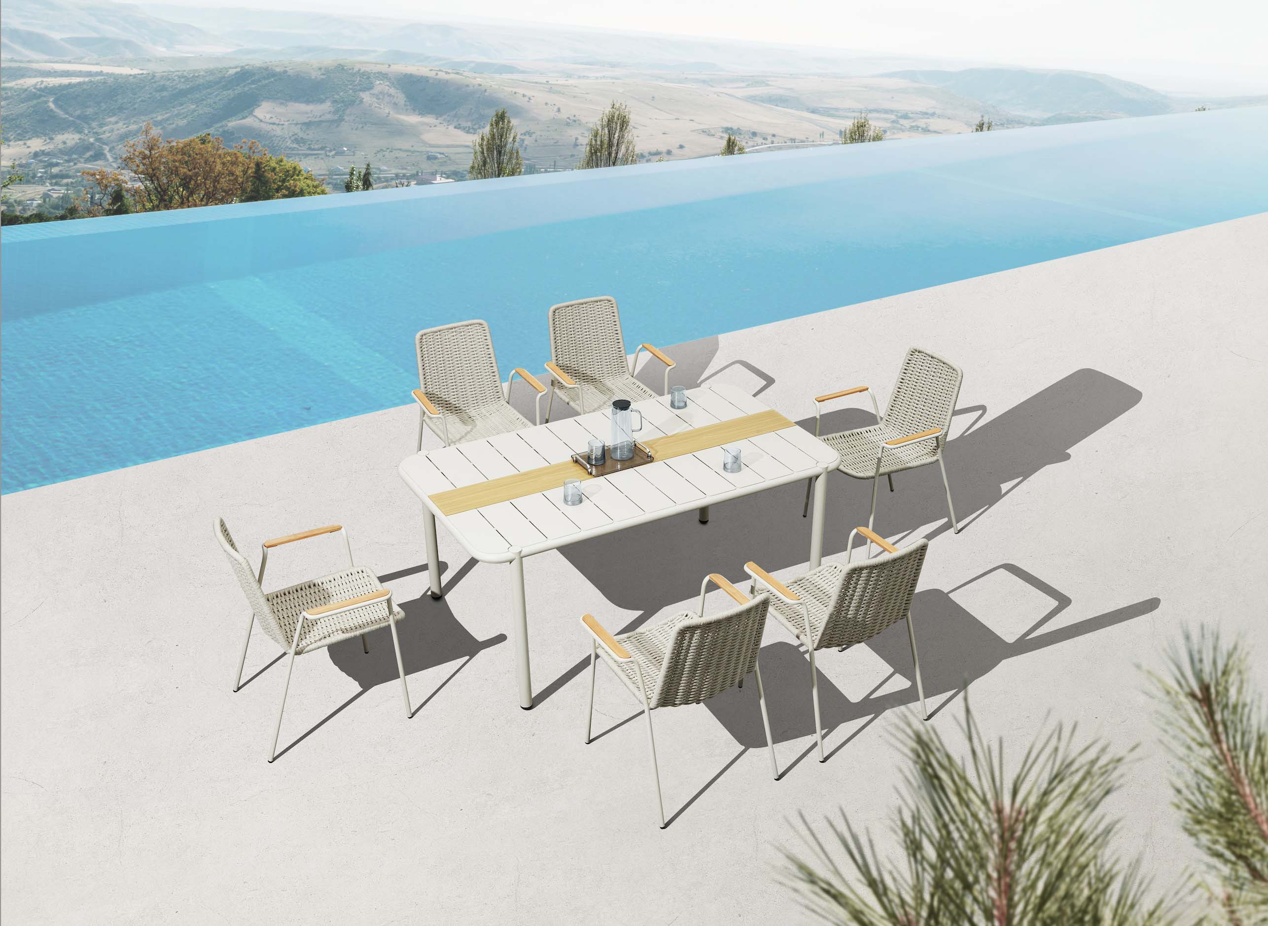 Table bistrot rectangulaire en aluminium thermolaqué beige, design haut de gamme élégant pour terrasse de restaurant, sièges .