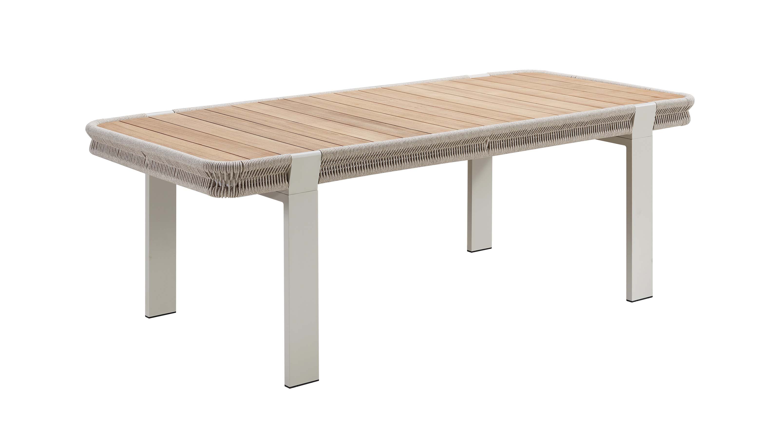 Table extérieure moderne en aluminium avec plateau en teck FSC, bordure en corde tressée beige pour élégance méditerranéenne.
