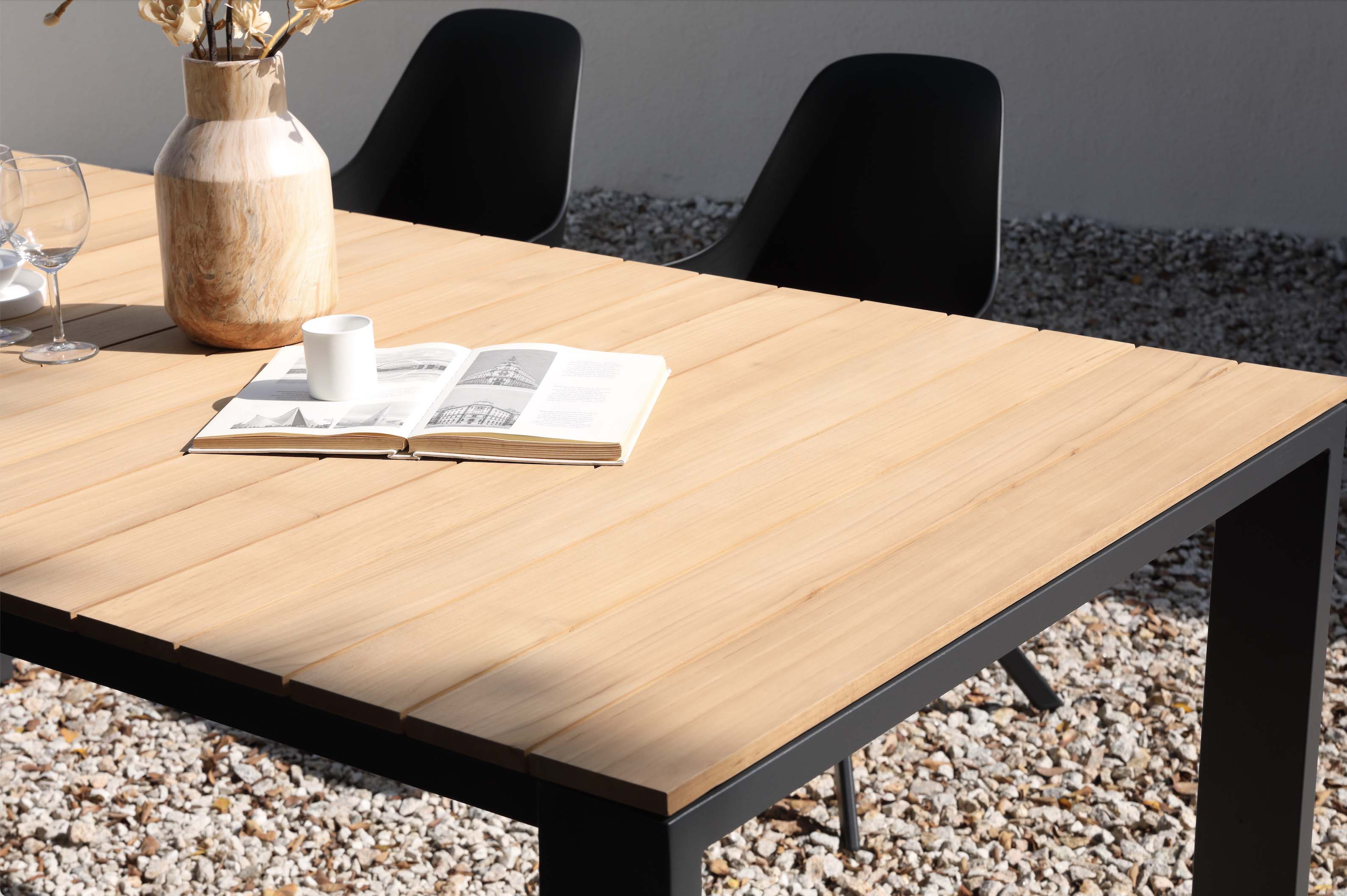 Table de jardin 200 cm en teck FSC robuste avec pieds en aluminium haut de gamme noir, design élégant et durable, surface.