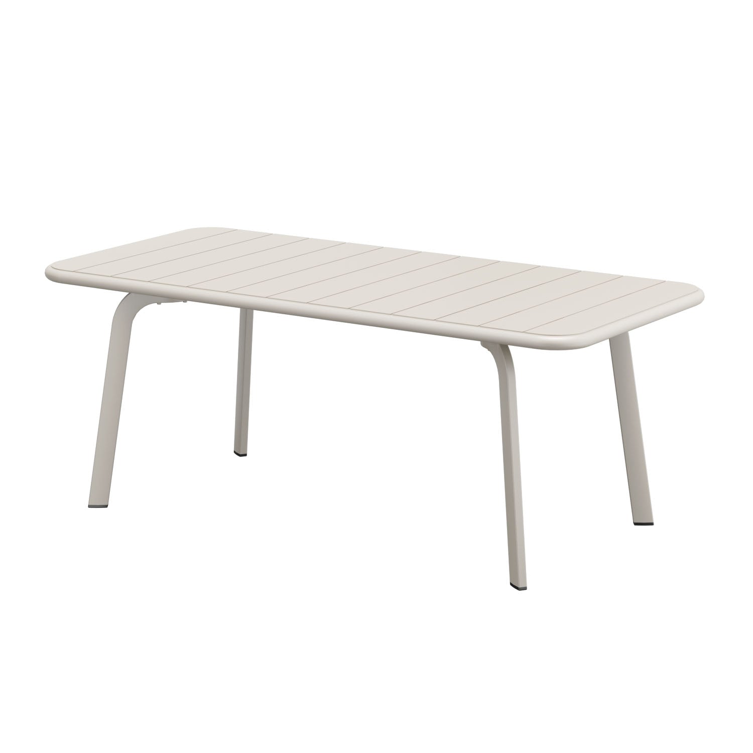 Table extérieure rectangulaire en aluminium haut de gamme beige avec peinture époxy, design épuré et élégant, pieds effilés.
