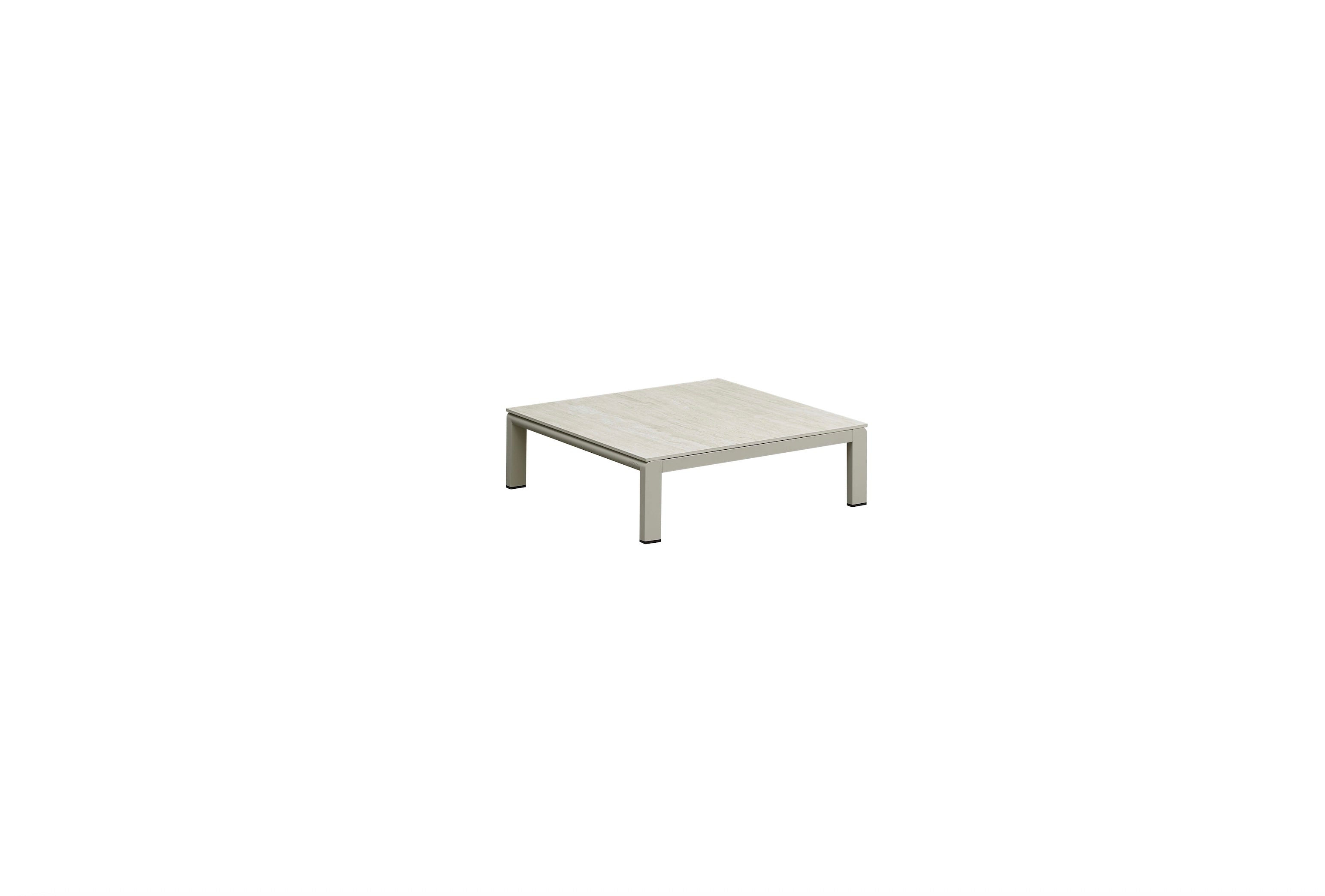 Table basse carrée en aluminium couleur sable avec plateau en céramique, design italien et finition luxe, style.