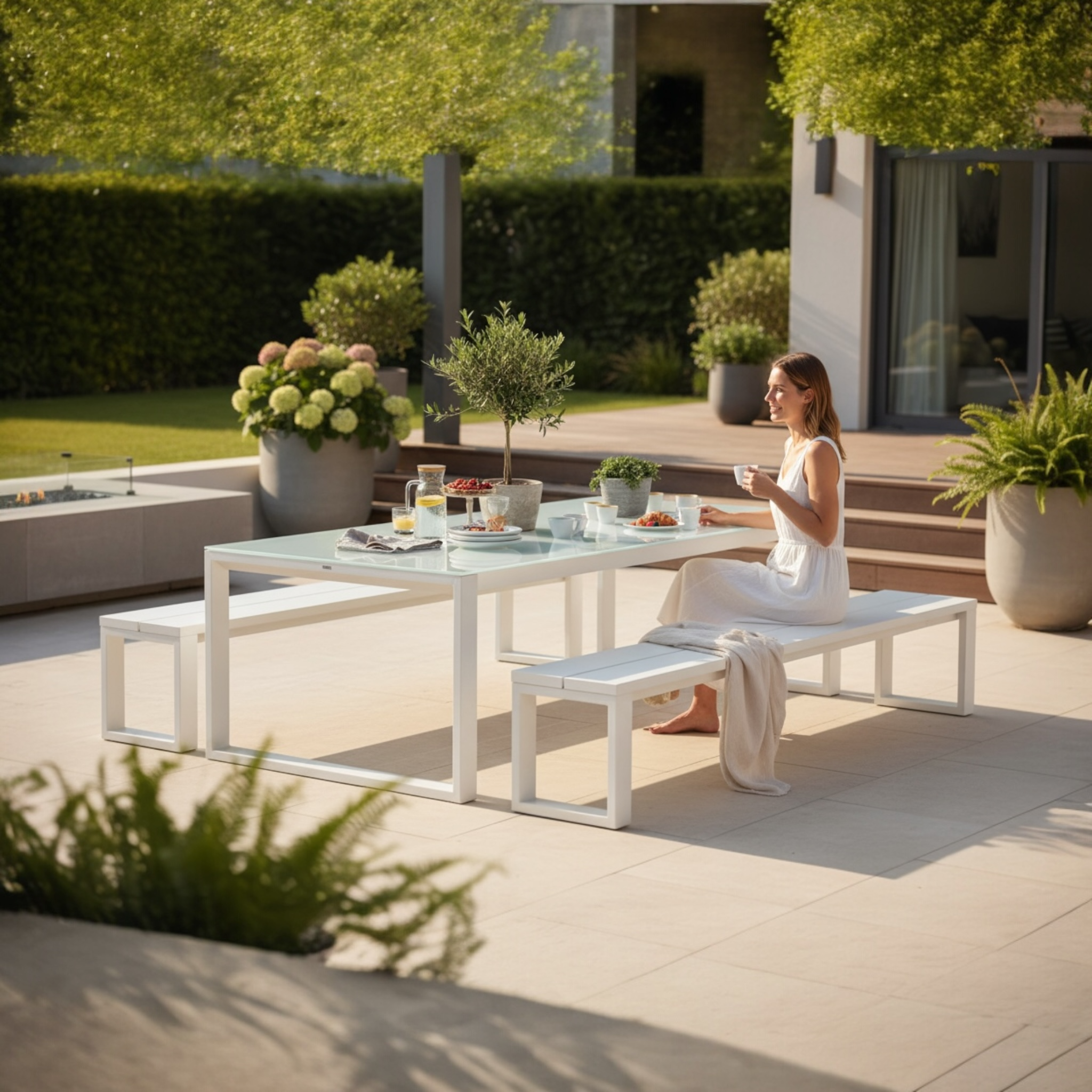Table de jardin en aluminium haut de gamme blanc avec plateau en verre 240 cm, design luxe méditerranéen, structure moderne.