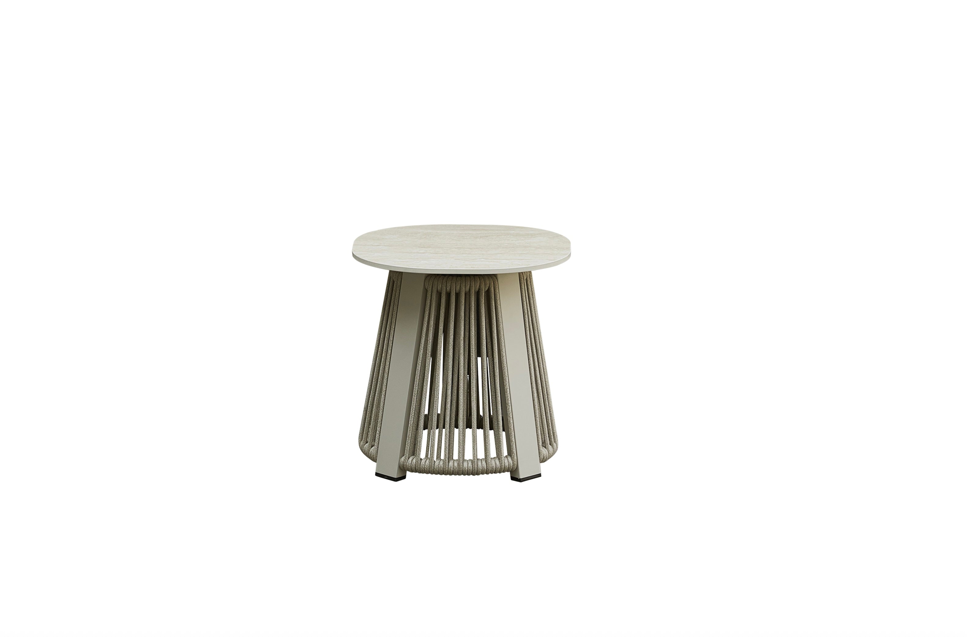 Table d'appoint en corde tressée et plateau en céramique beige, design italien élégant et durable.