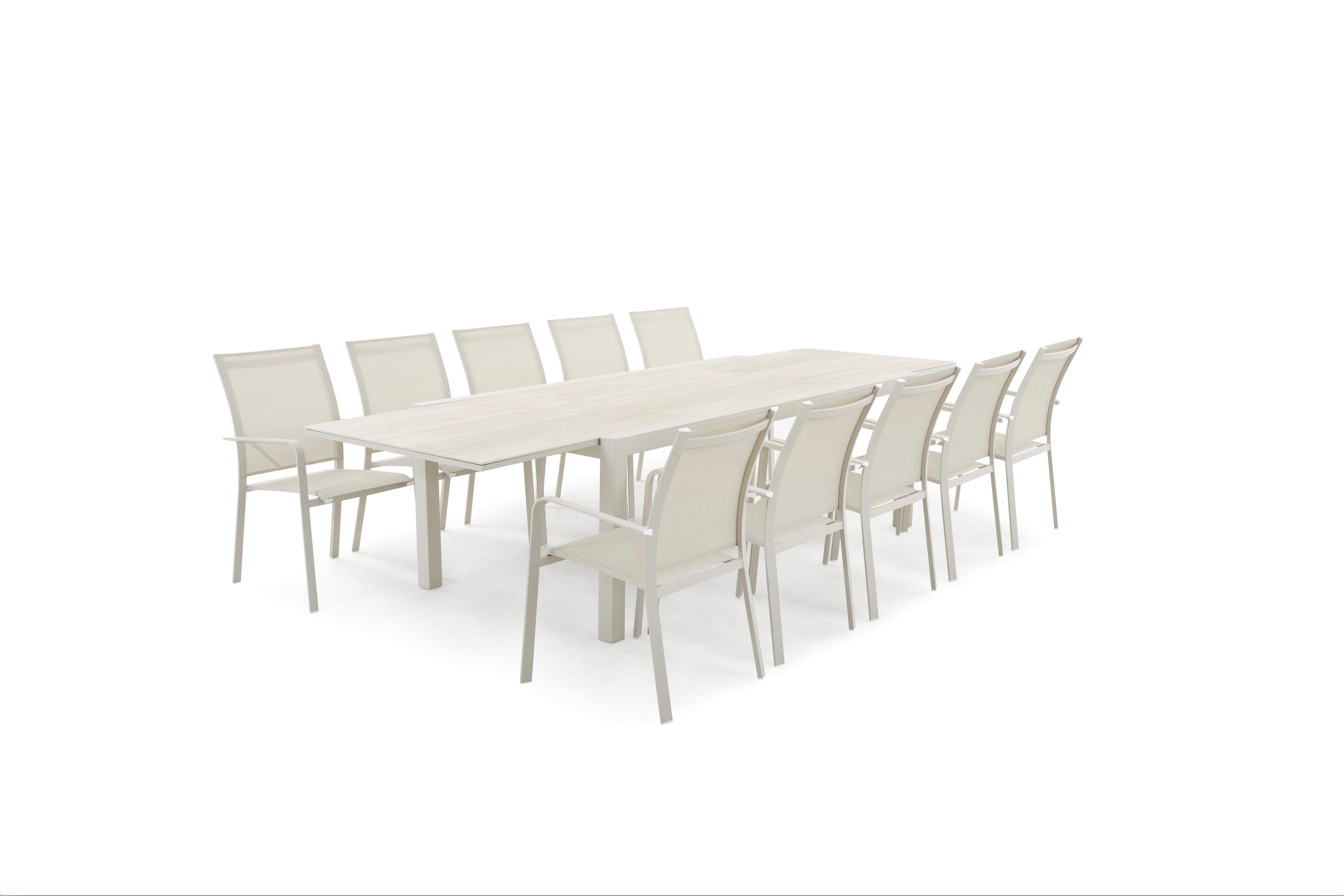 Grande table avec rallonge et plateau en céramique sur fond blanc