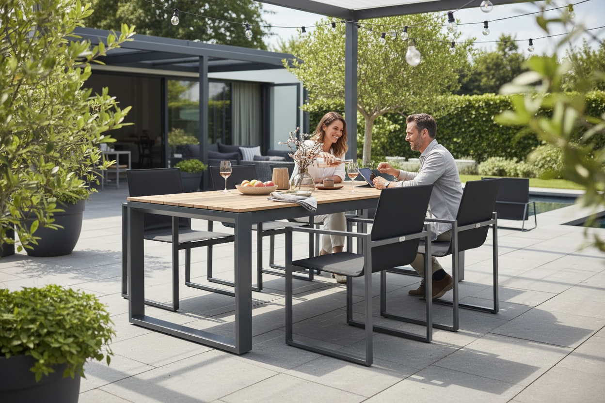 Table de jardin longue en teck FSC avec cadre en aluminium haut de gamme noir, chaises avec housses déperlantes en tissu.