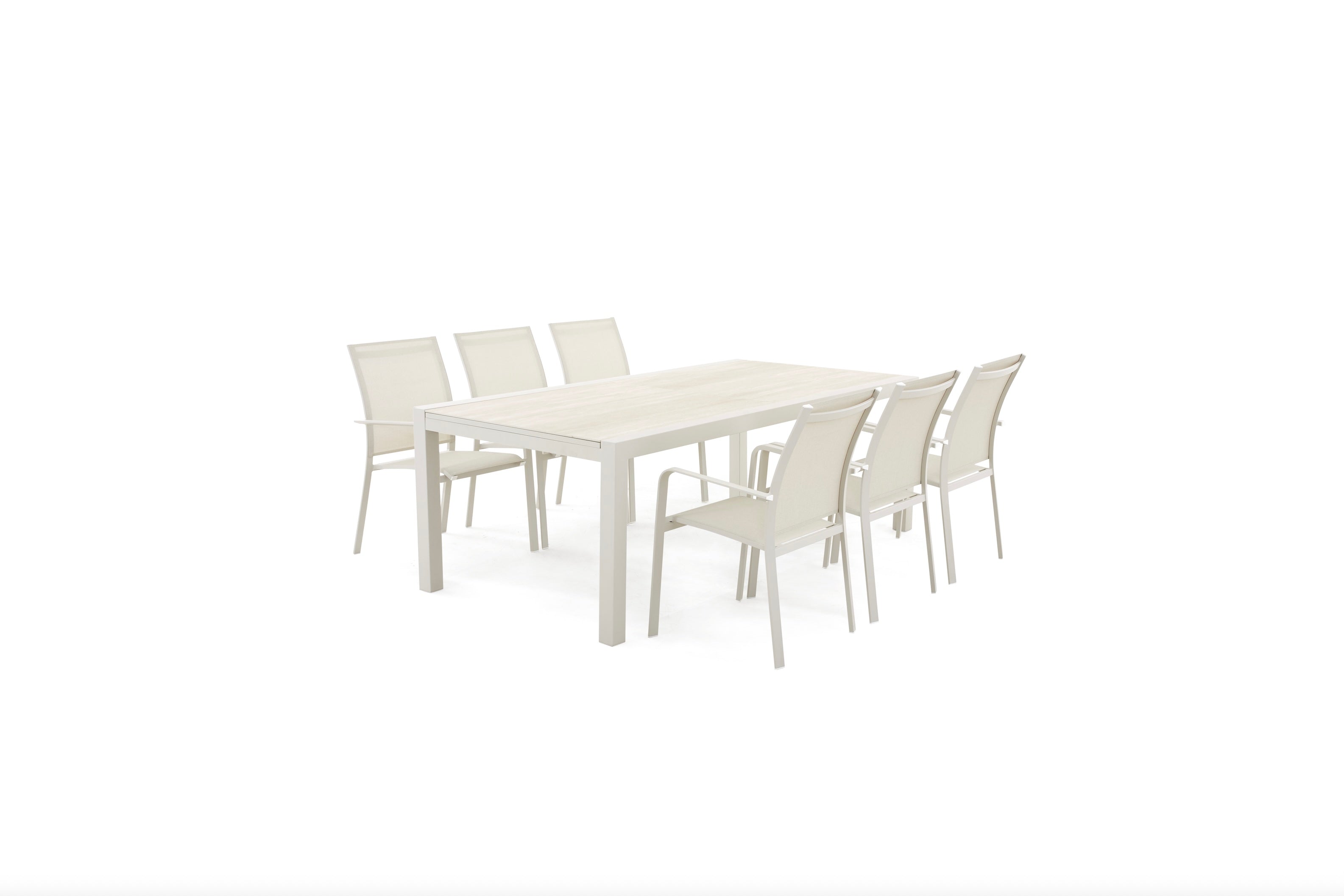 Représentation de la table avec la rallonge rentrée, le plateau étant en céramique et la structure en aluminium beige