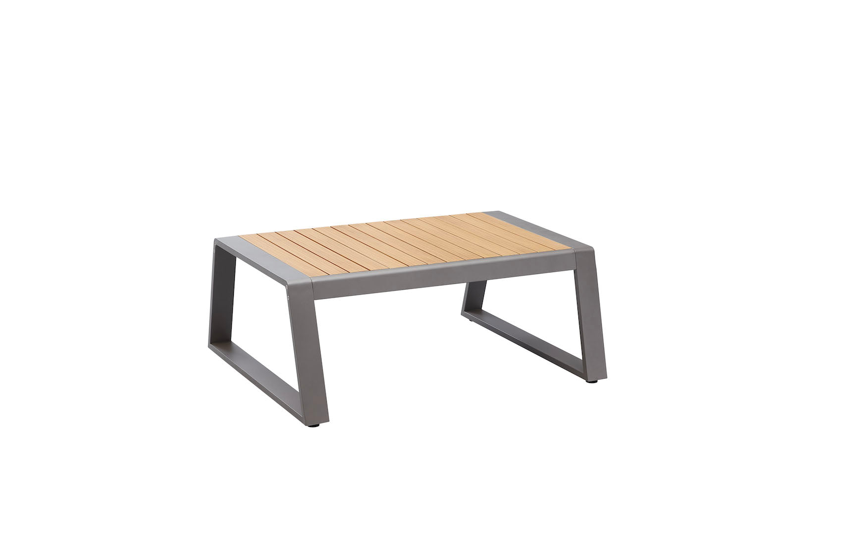 Table basse rectangulaire en aluminium haut de gamme gris anthracite avec plateau en teck FSC naturel, finition peinture.