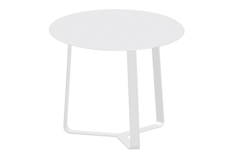 Table basse ronde blanche en aluminium haut de gamme avec peinture époxy, design épuré et élégant méditerranéen.