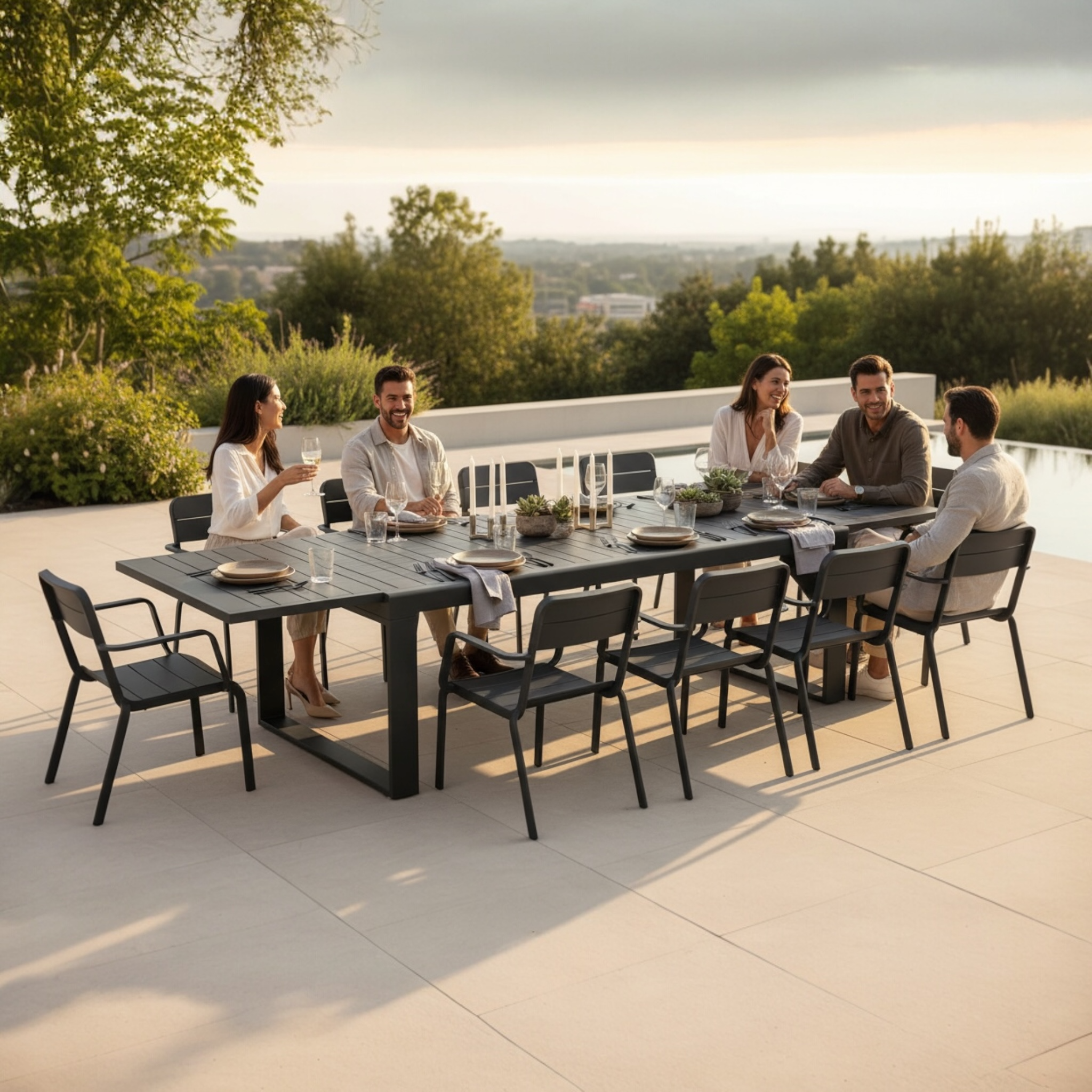 Table à manger extensible noire en aluminium thermolaqué haut de gamme, design contemporain élégant, grand espace pour 10 à 12 personnes. 