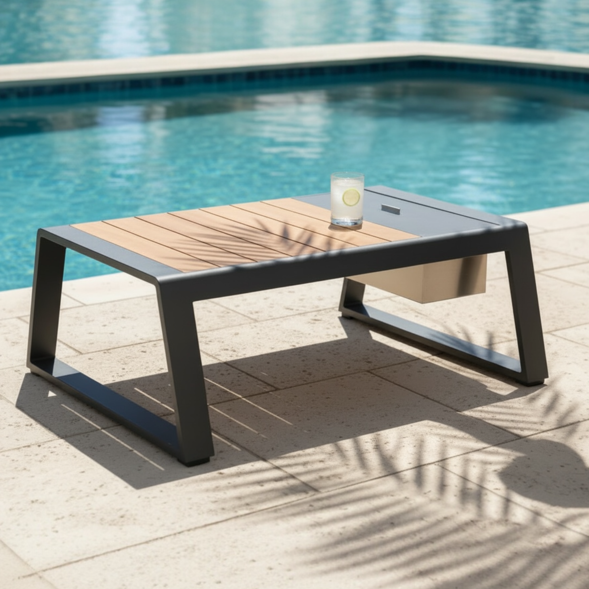 Table basse contemporaine luxueuse en aluminium gris anthracite et teck FSC