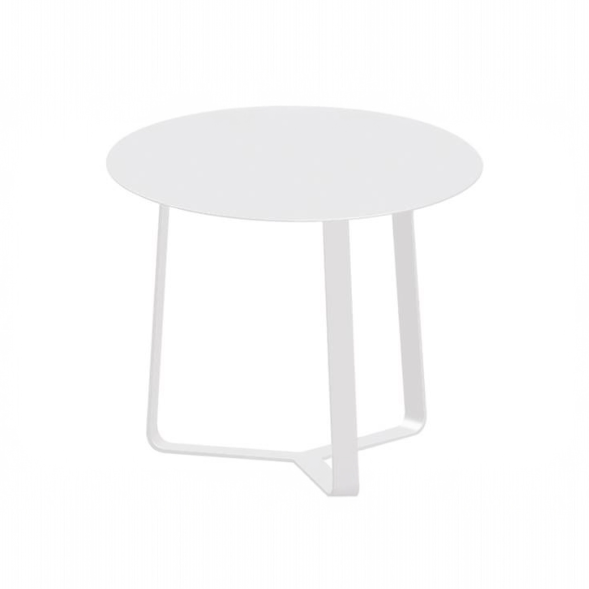 Table basse de jardin ronde en aluminium blanc, design minimaliste, vue de face sur fond blanc