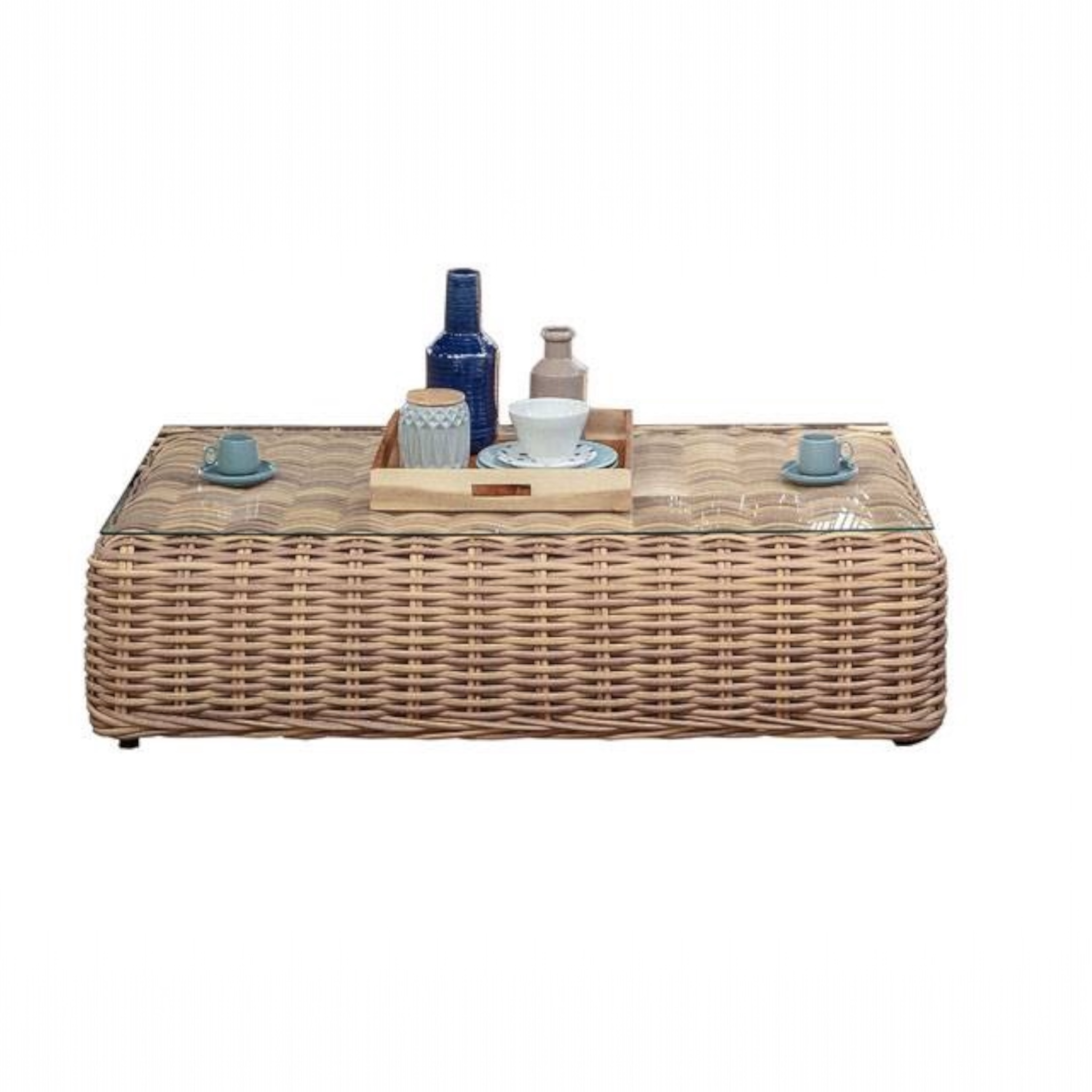 Table basse en résine tressée osier avec plateau en verre