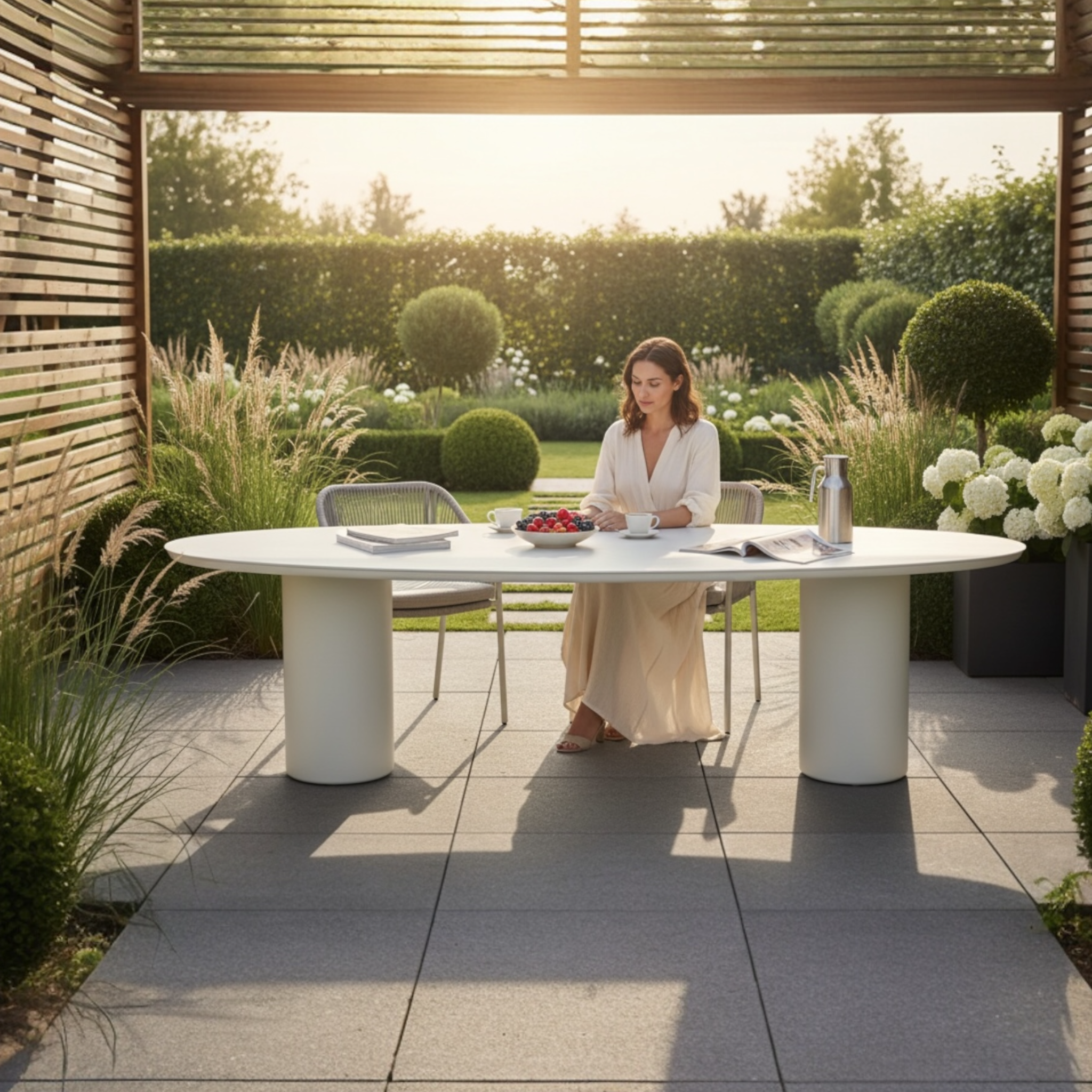 Grande table avec plateau céramique blanc et structure en aluminium haut de gamme. 