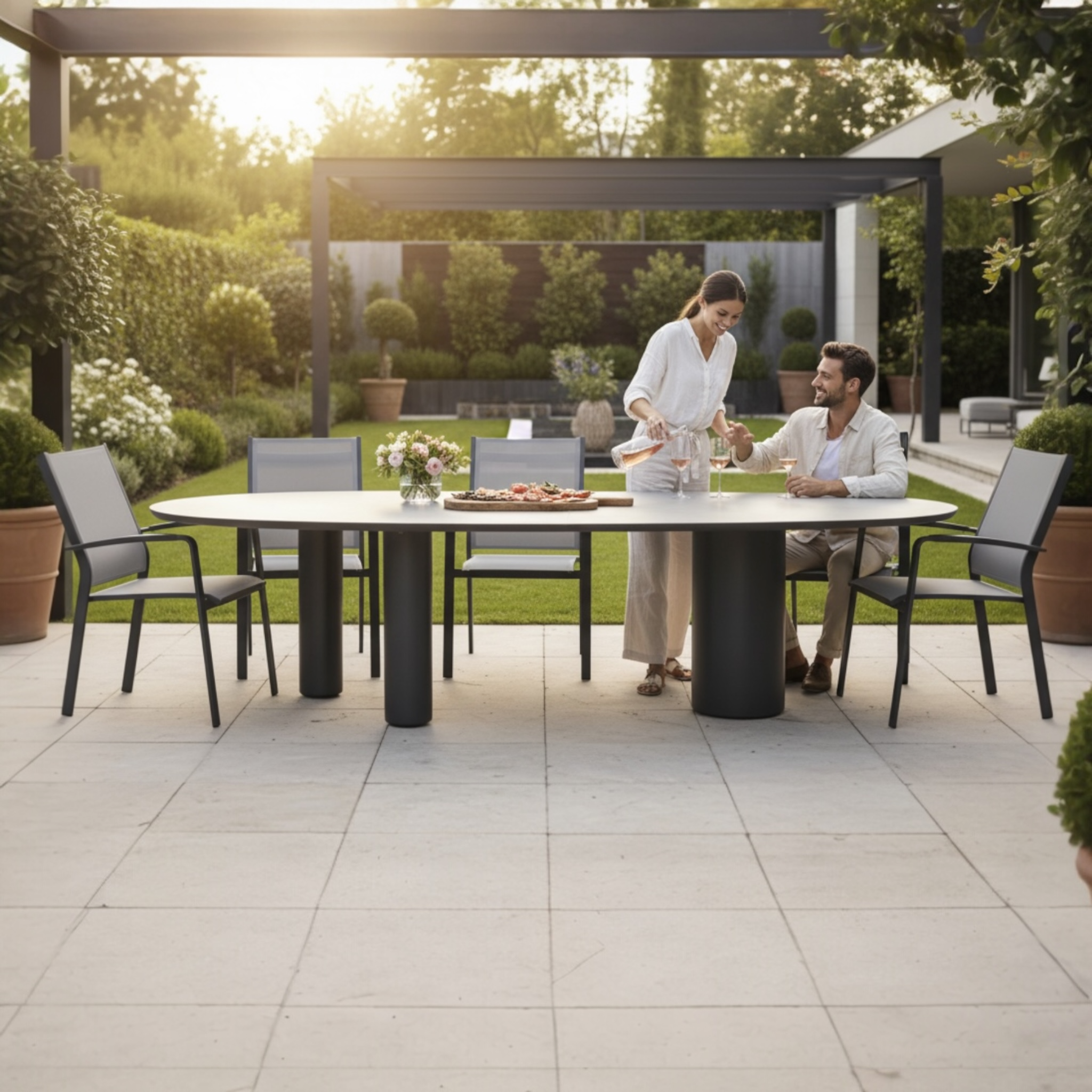 Vue d'ensemble de la table AURA avec ses pieds cylindrique et son plateau en céramique 