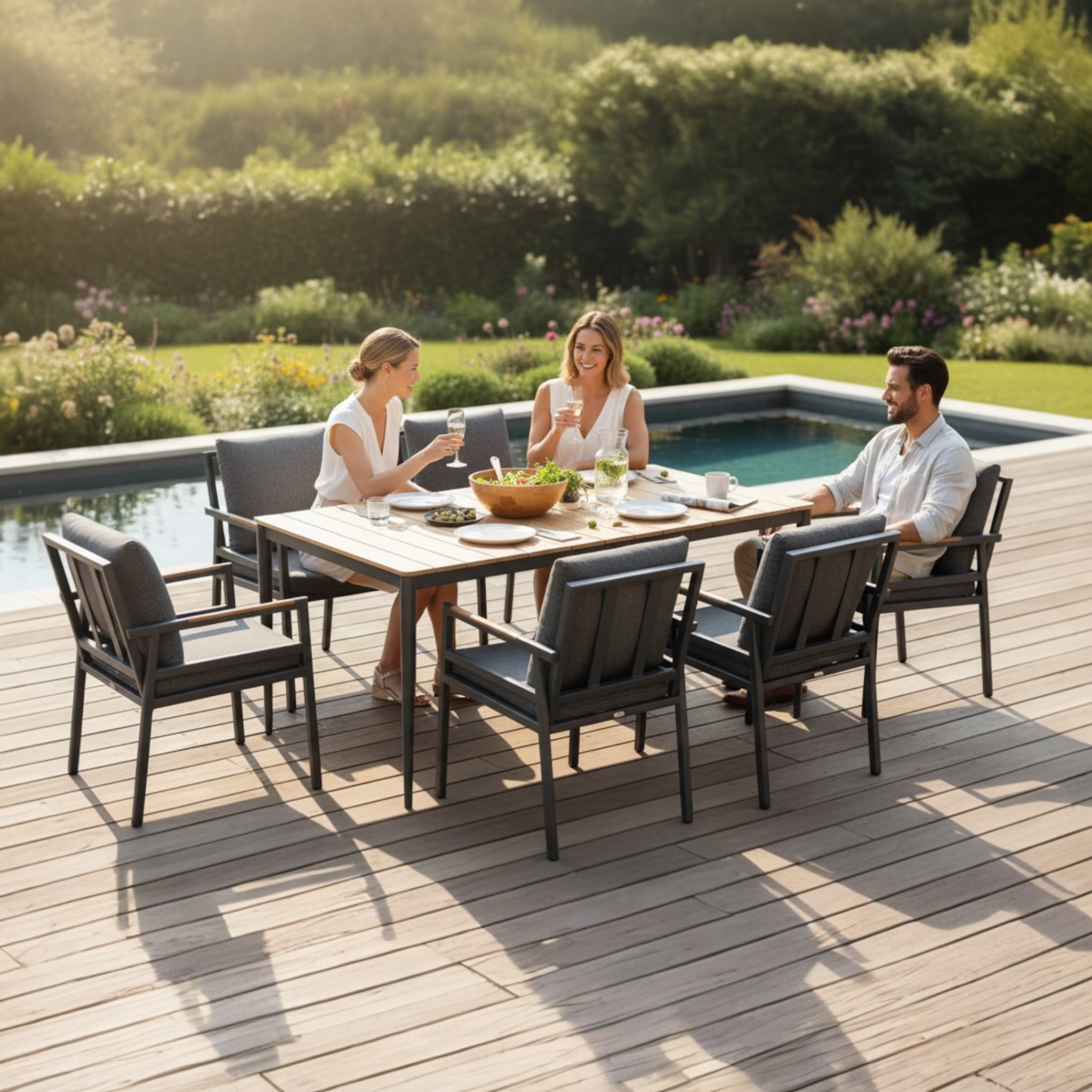 Ensemble repas de jardin 6 places en aluminium noir avec plateau en teck et fauteuils gris