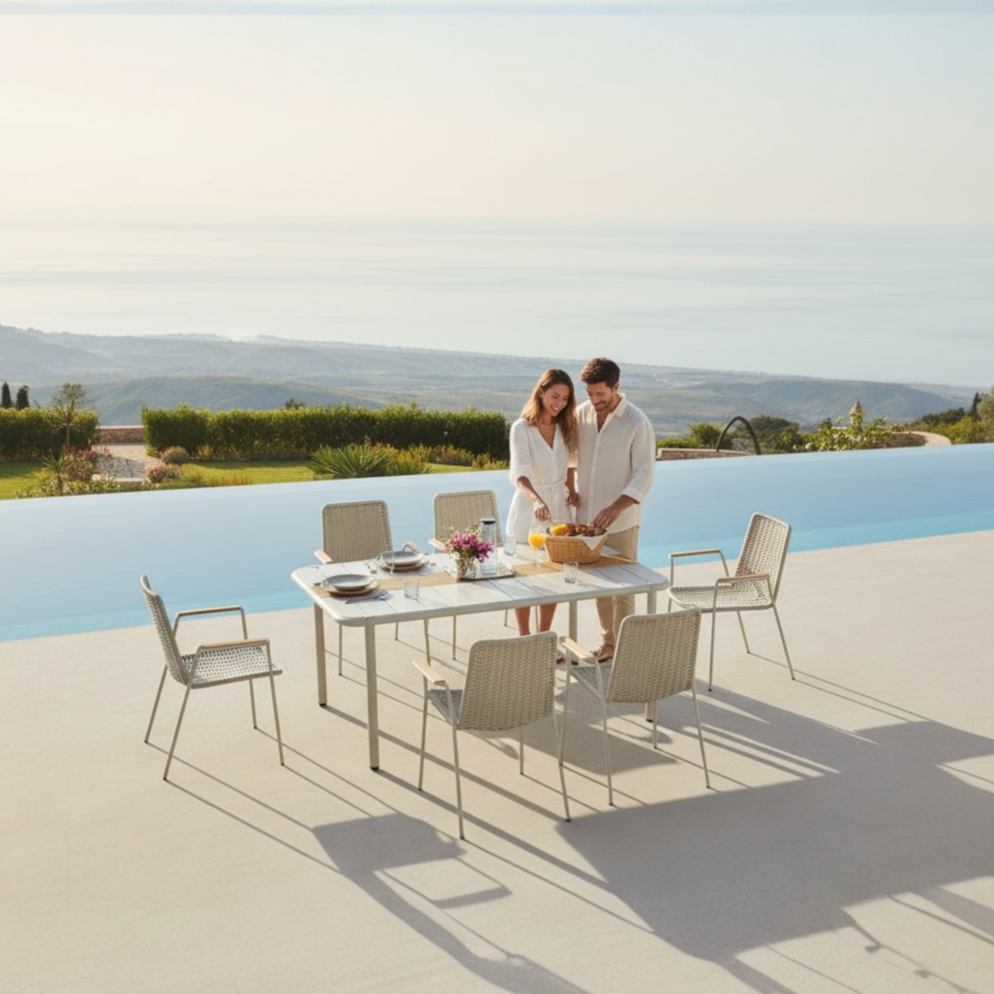 Table repas bistrot pour terrasse 6 personne Sarran beige