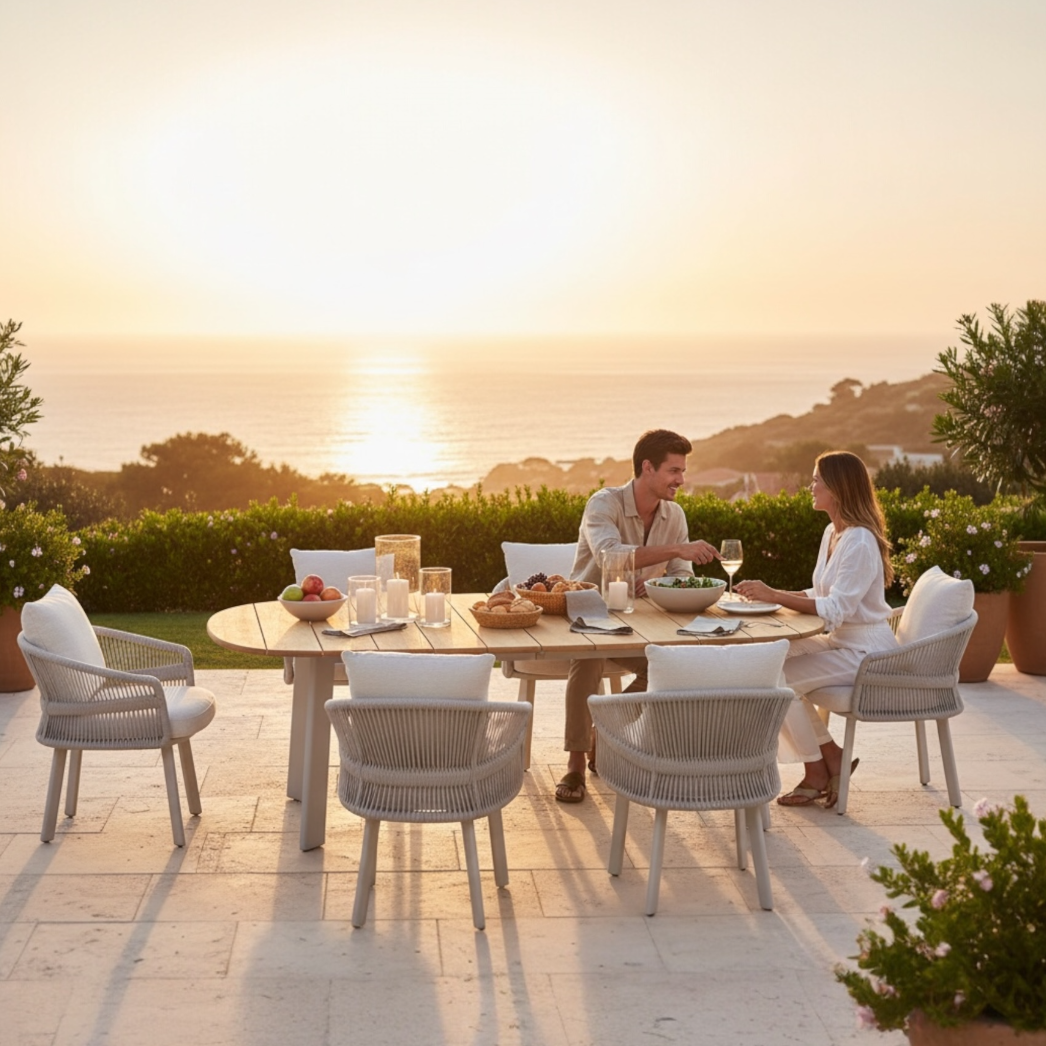 Bel ensemble repas en aluminium et corde tressée beige