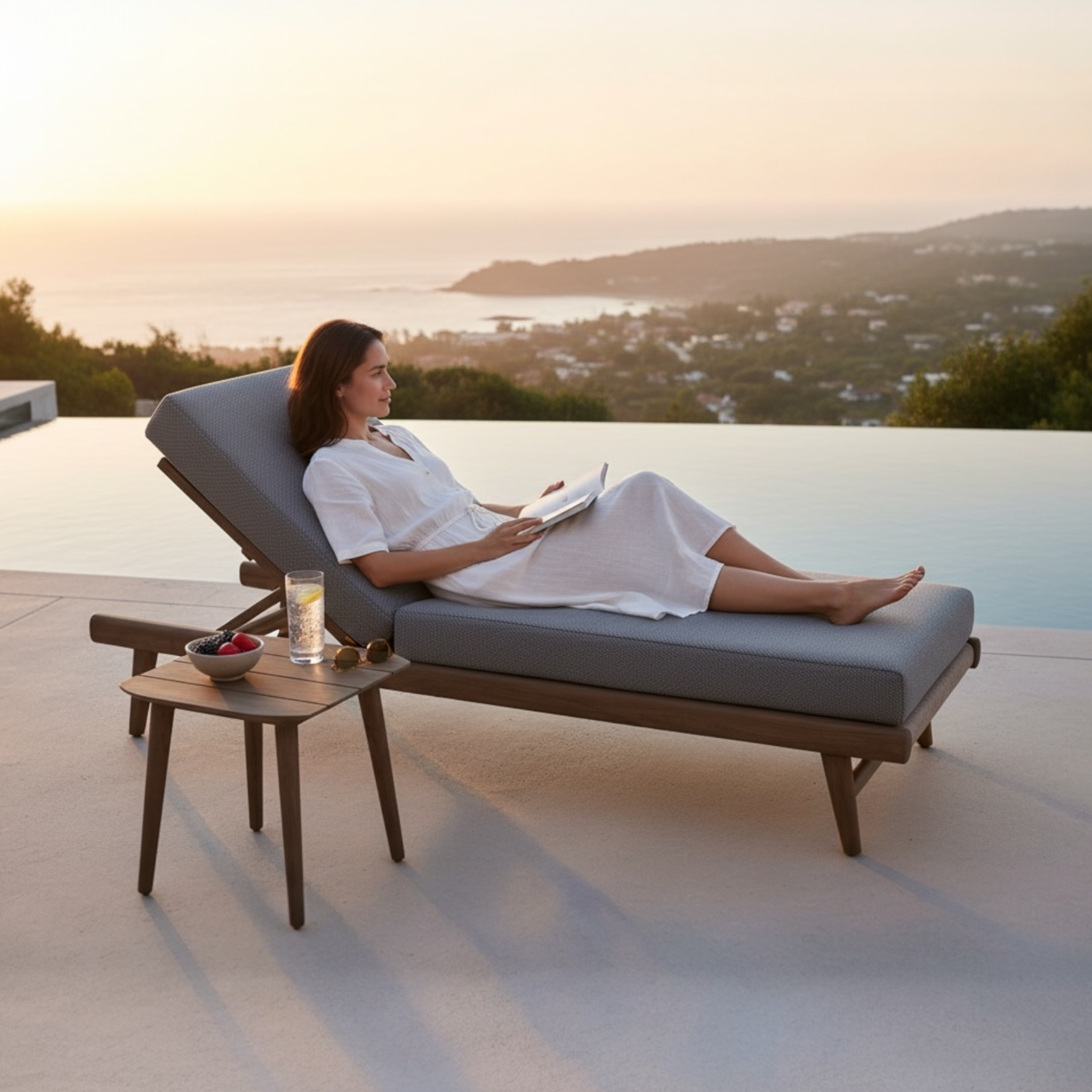 Chaise longue de luxe en bois teck et en corde