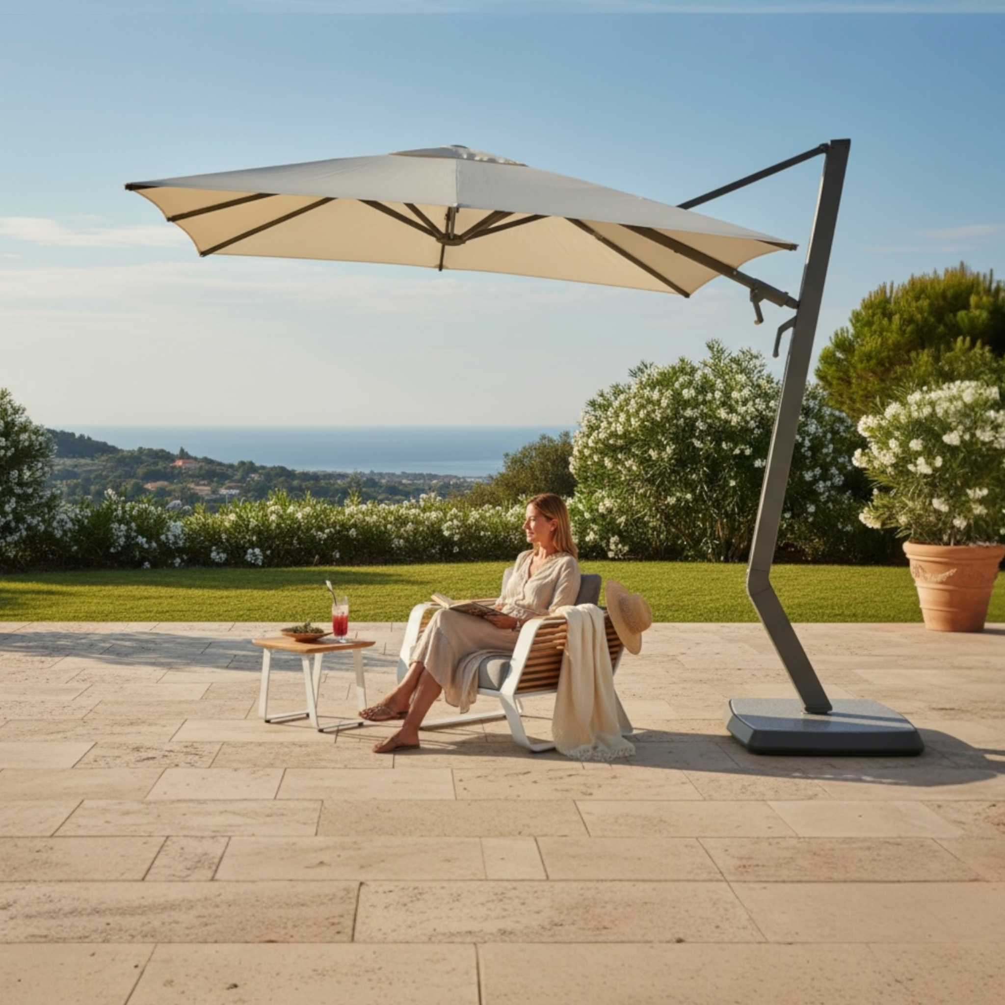 Parasol luxe déporté AILY Pininfarina en aluminium aviation gris avec toile Sunbrella beige 240g/m2, hauteur 2m80 et 5 inclinaisons réglables