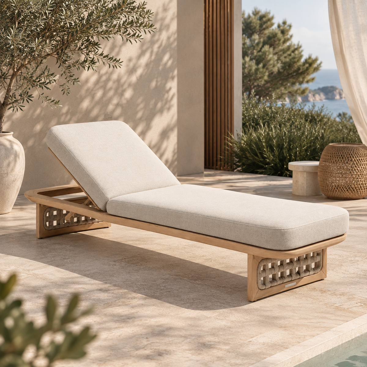 Bain de soleil de jardin PALMA en teck massif et corde tressée, design italien haut de gamme