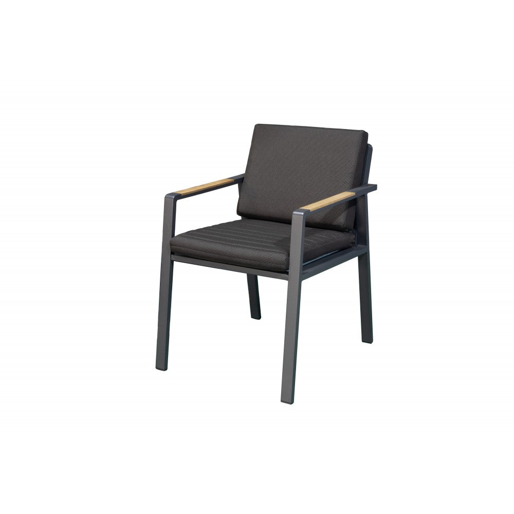 Fauteuil de repas en aluminium haut de gamme noir avec accoudoirs en teck FSC, coussins en tissu oléfine luxe, housse.