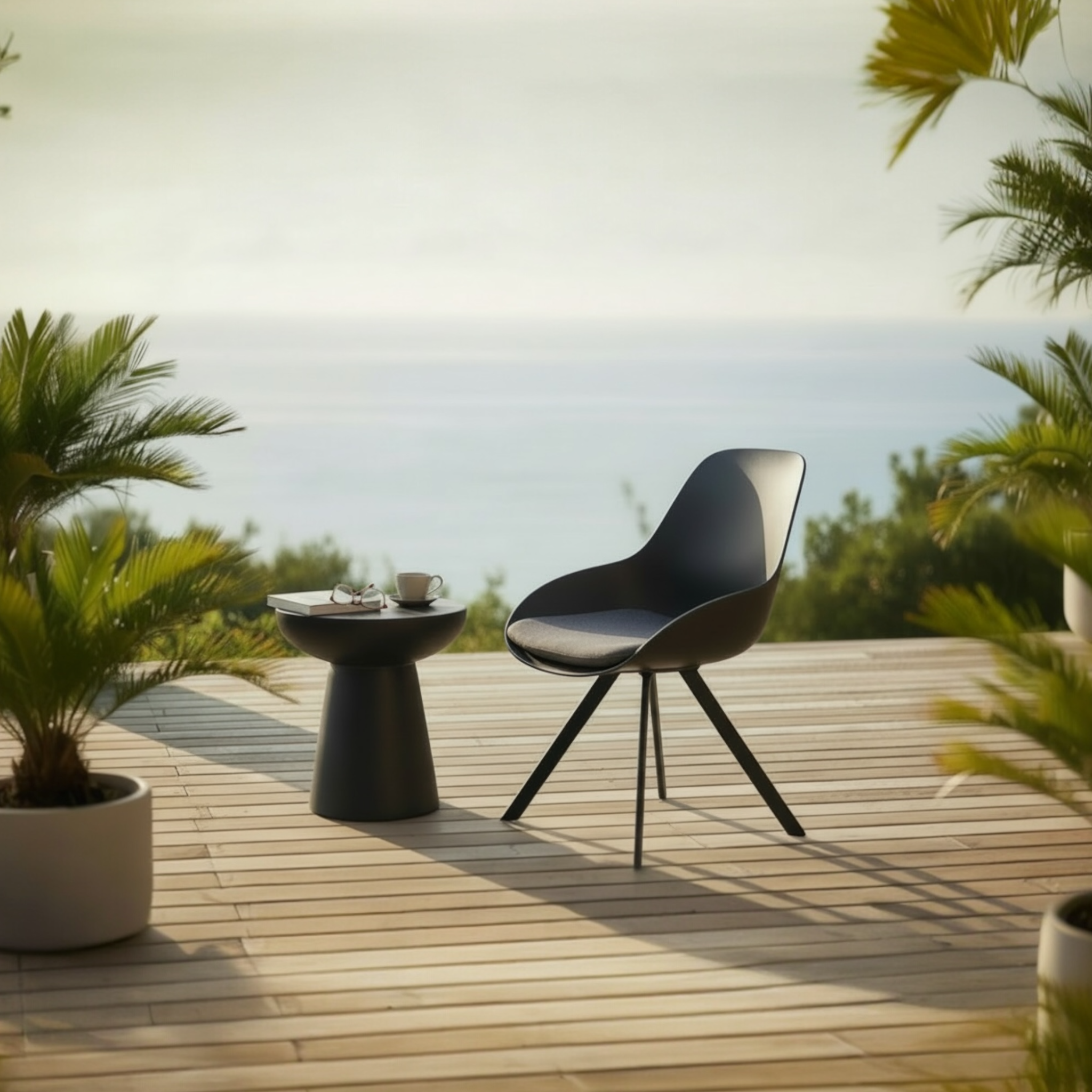 Chaise de jardin MONDO en aluminium noir et polyéthylène noir avec coussin d'assise moelleux, design scandinave et pieds traités époxy