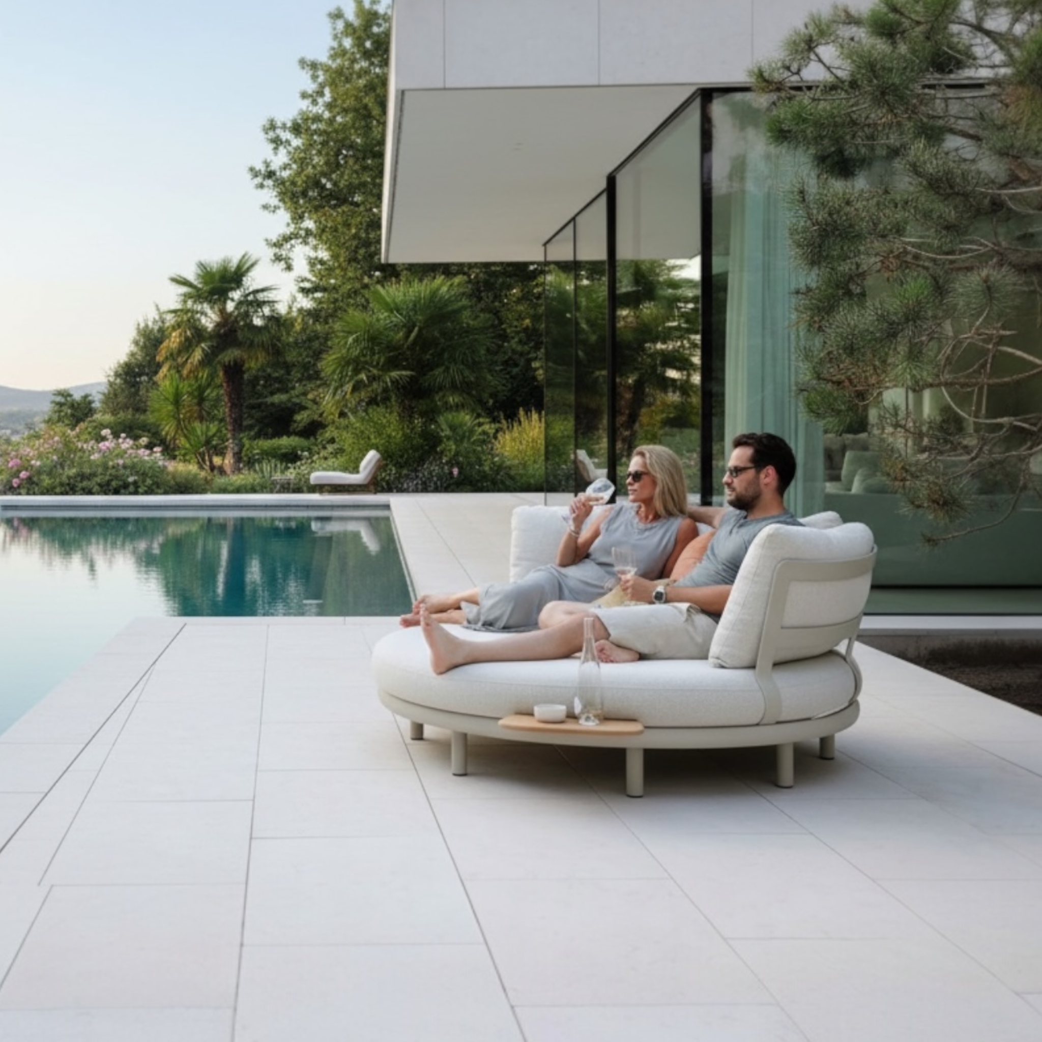 Bain de soleil rond ROSA design belge en aluminium thermolaqué avec tissu molletonné, capacité 2 personnes, assises moelleuses et forme circulaire originale